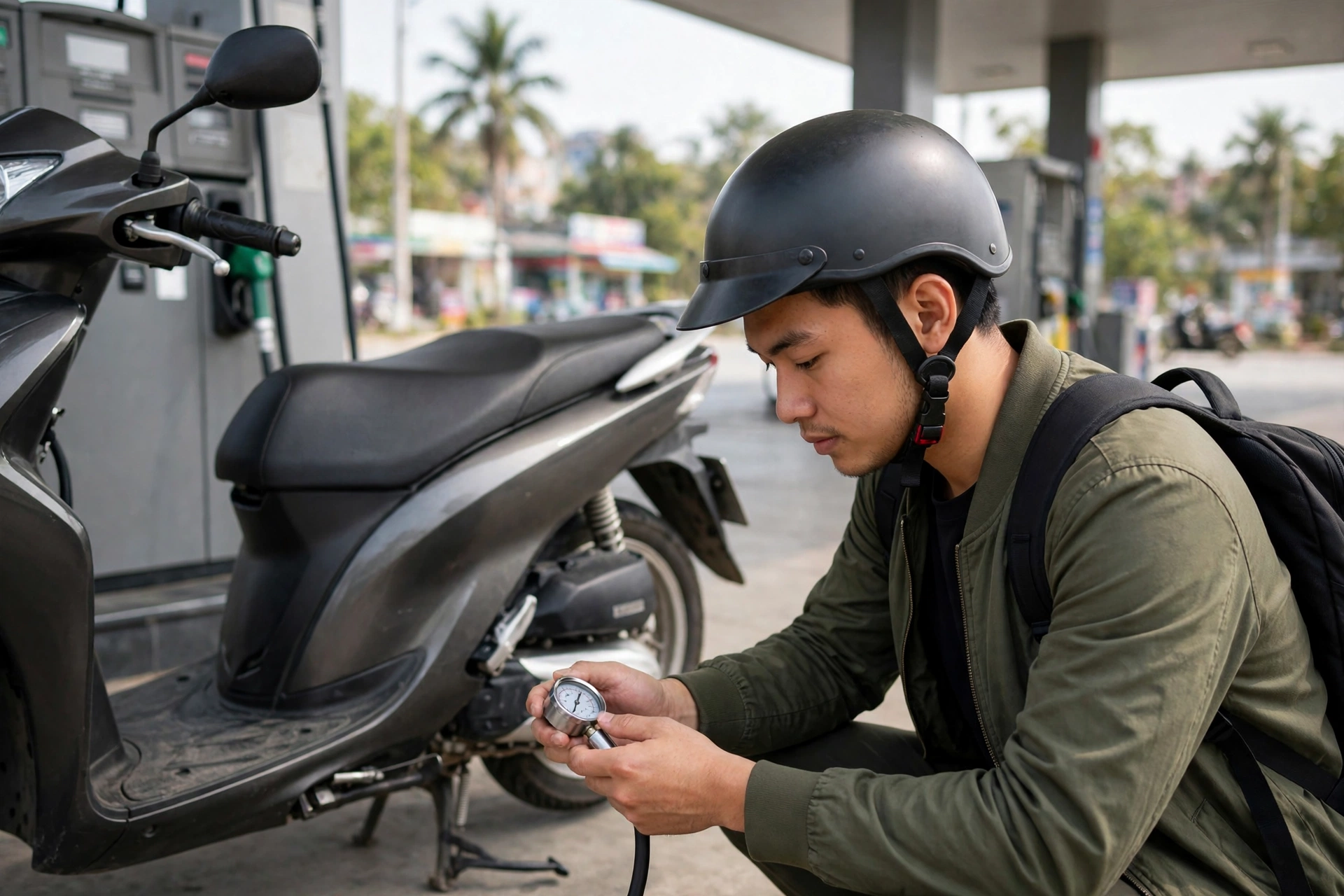 Người đi xe máy kiểm tra áp suất lốp tại cây xăng