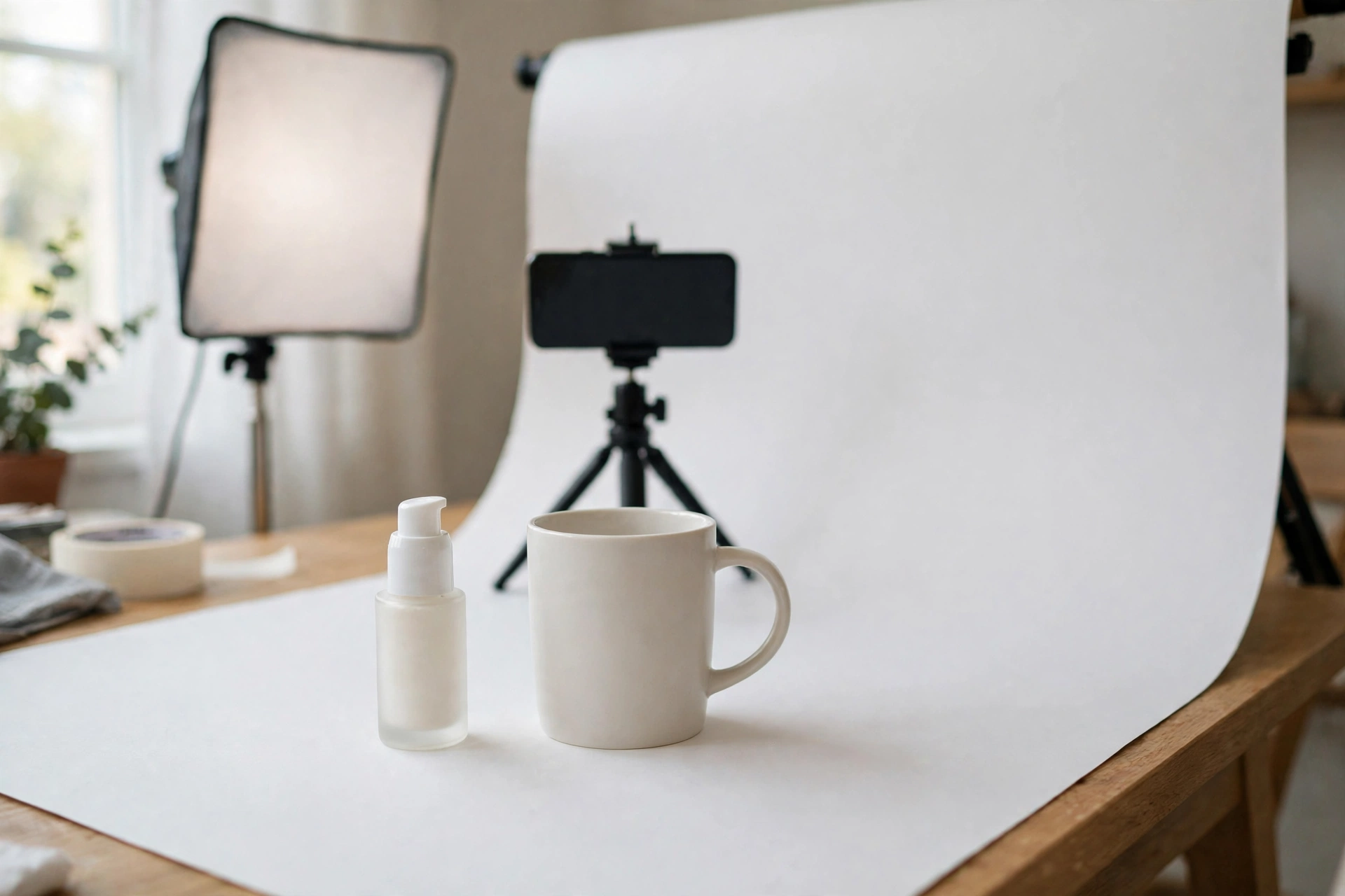 Góc studio tại nhà với phông nền trắng, điện thoại trên chân máy và đèn chụp sản phẩm