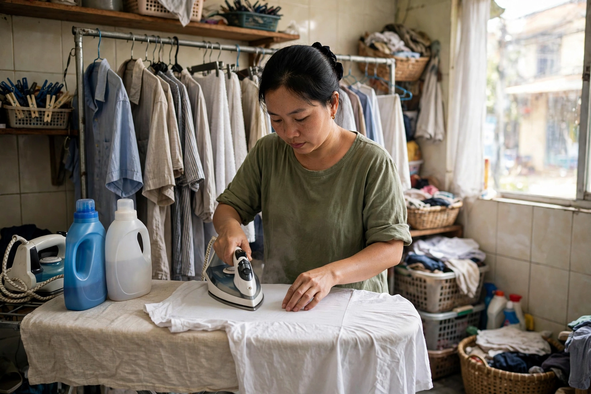 Ảnh minh họa: chủ tiệm giặt ủi đang ủi áo sơ mi trắng bằng bàn ủi hơi nước, bên cạnh là chai nước giặt
