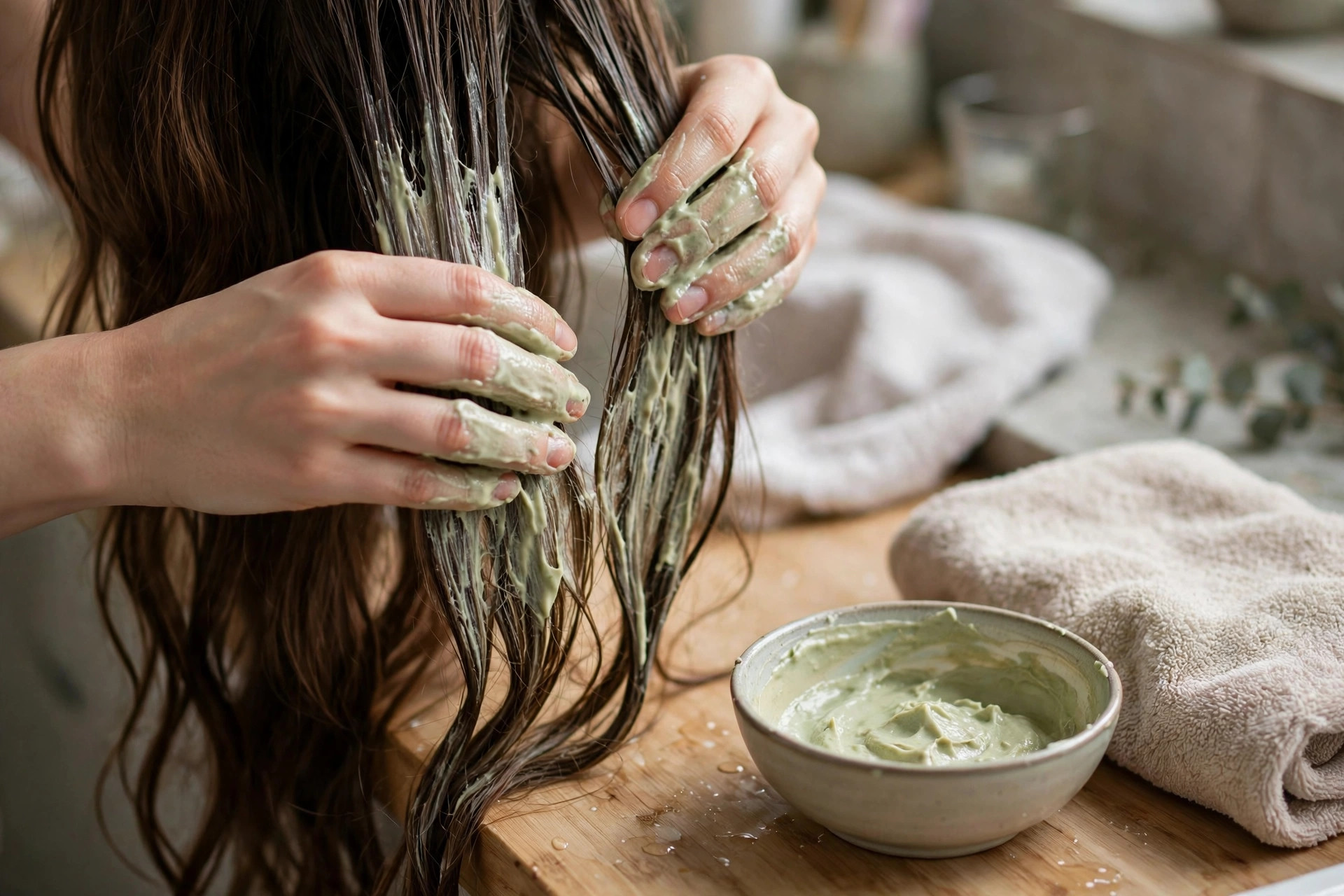 Ủ tóc tại nhà với mặt nạ dưỡng và khăn quấn