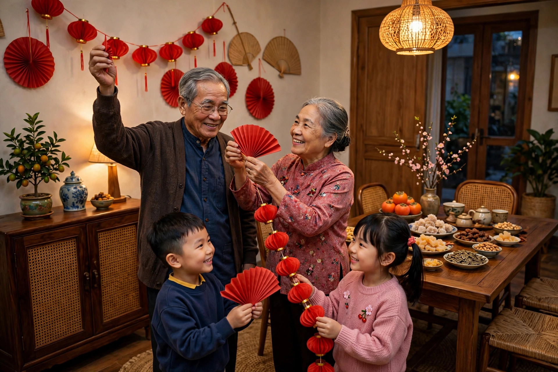 Cả gia đình cùng treo đèn lồng, trang trí phòng khách chuẩn bị cho bữa tiệc tất niên (ảnh minh họa)