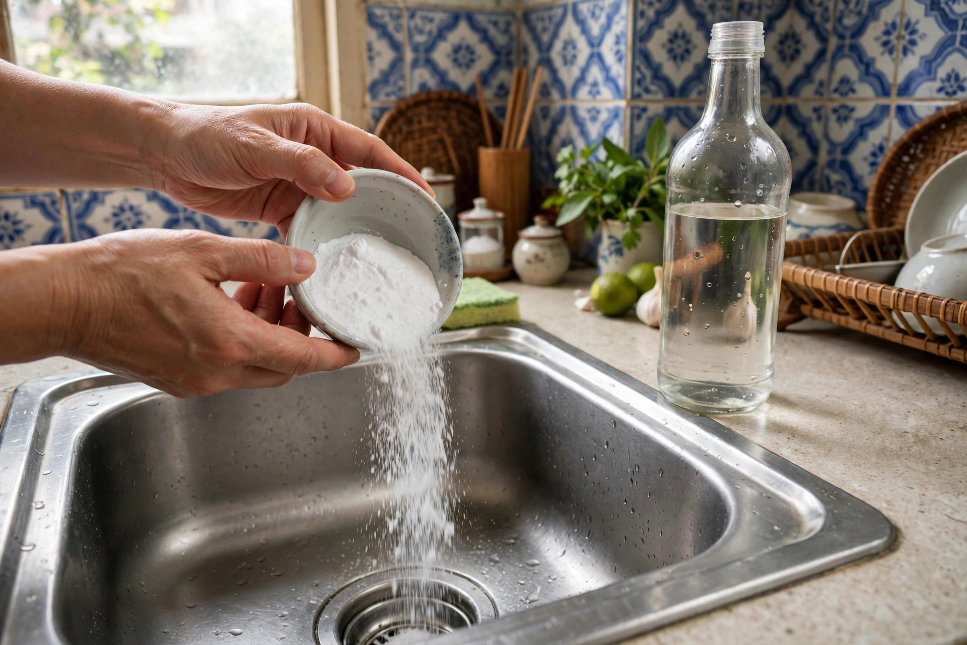 Đôi tay đang đổ bột baking soda từ bát sứ xuống miệng cống bồn rửa bát inox, bên cạnh là chai giấm trắng