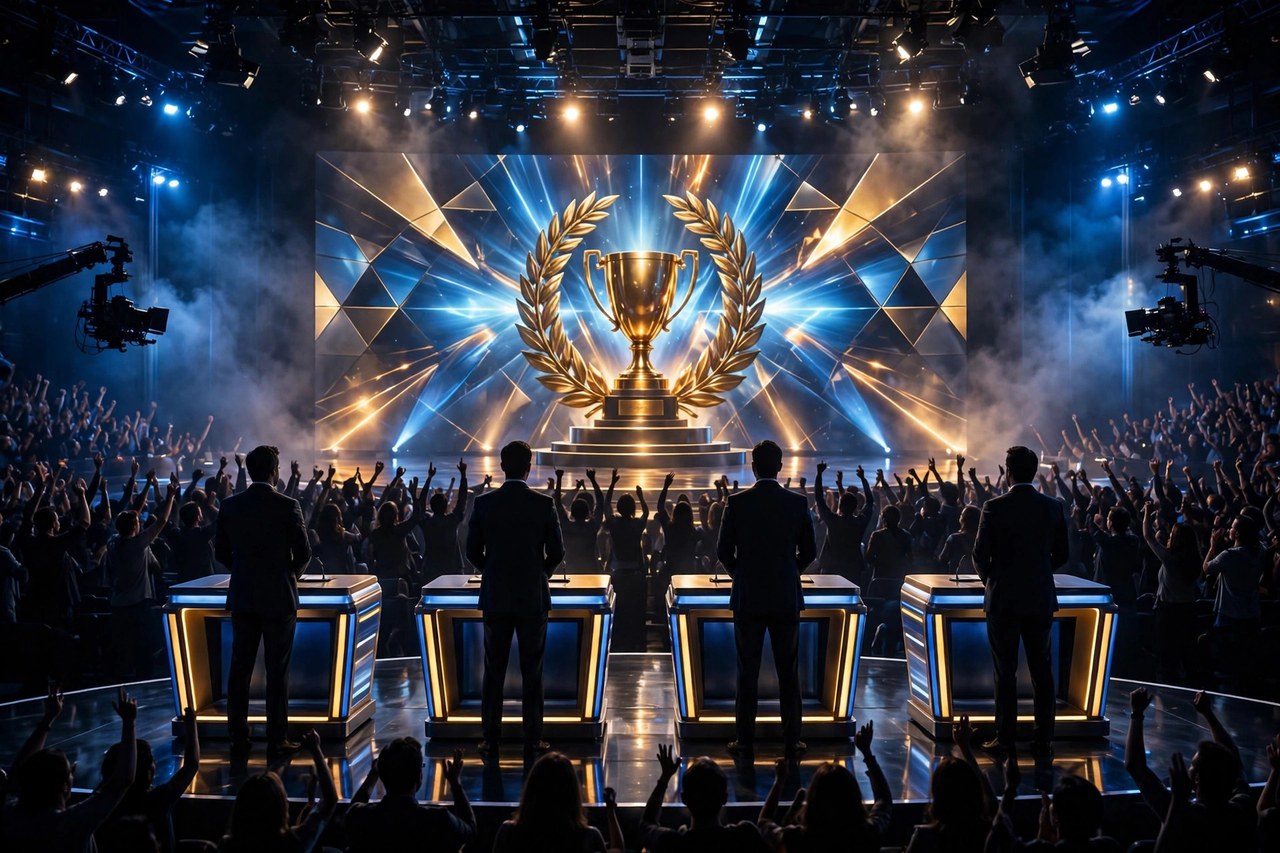 Sân khấu gameshow trí tuệ với 4 bục thi và vòng nguyệt quế