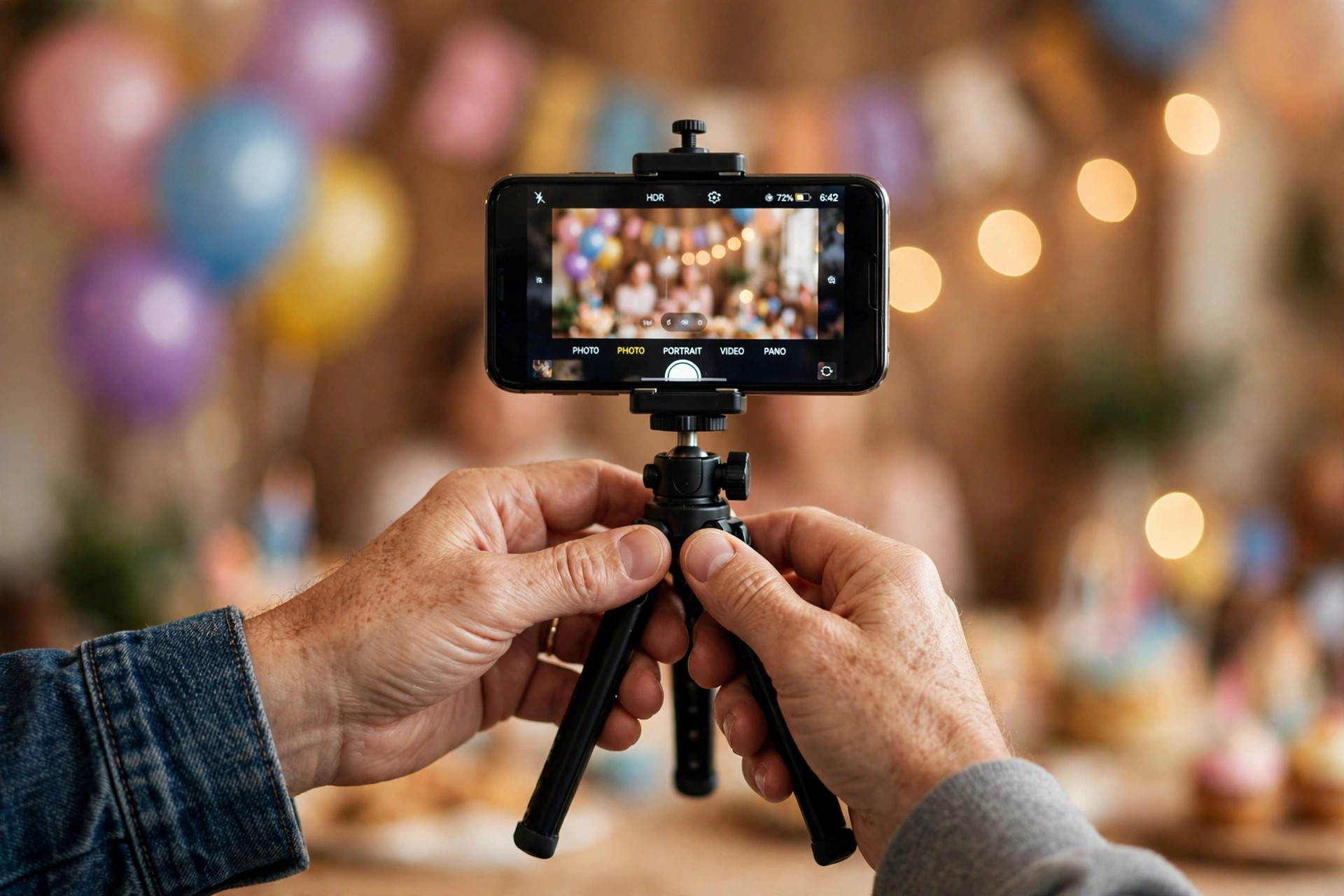 Điện thoại gắn trên tripod nhỏ để quay tiệc sinh nhật gia đình