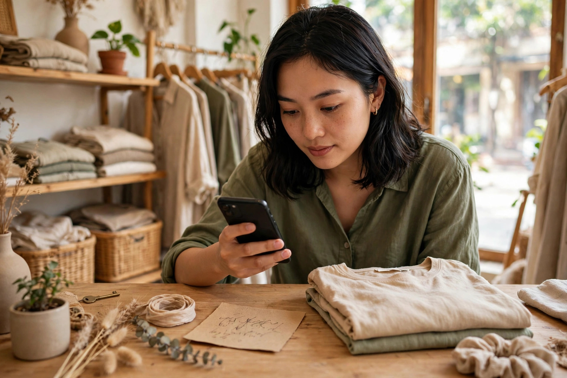 Chủ shop chụp ảnh feedback của khách bằng điện thoại