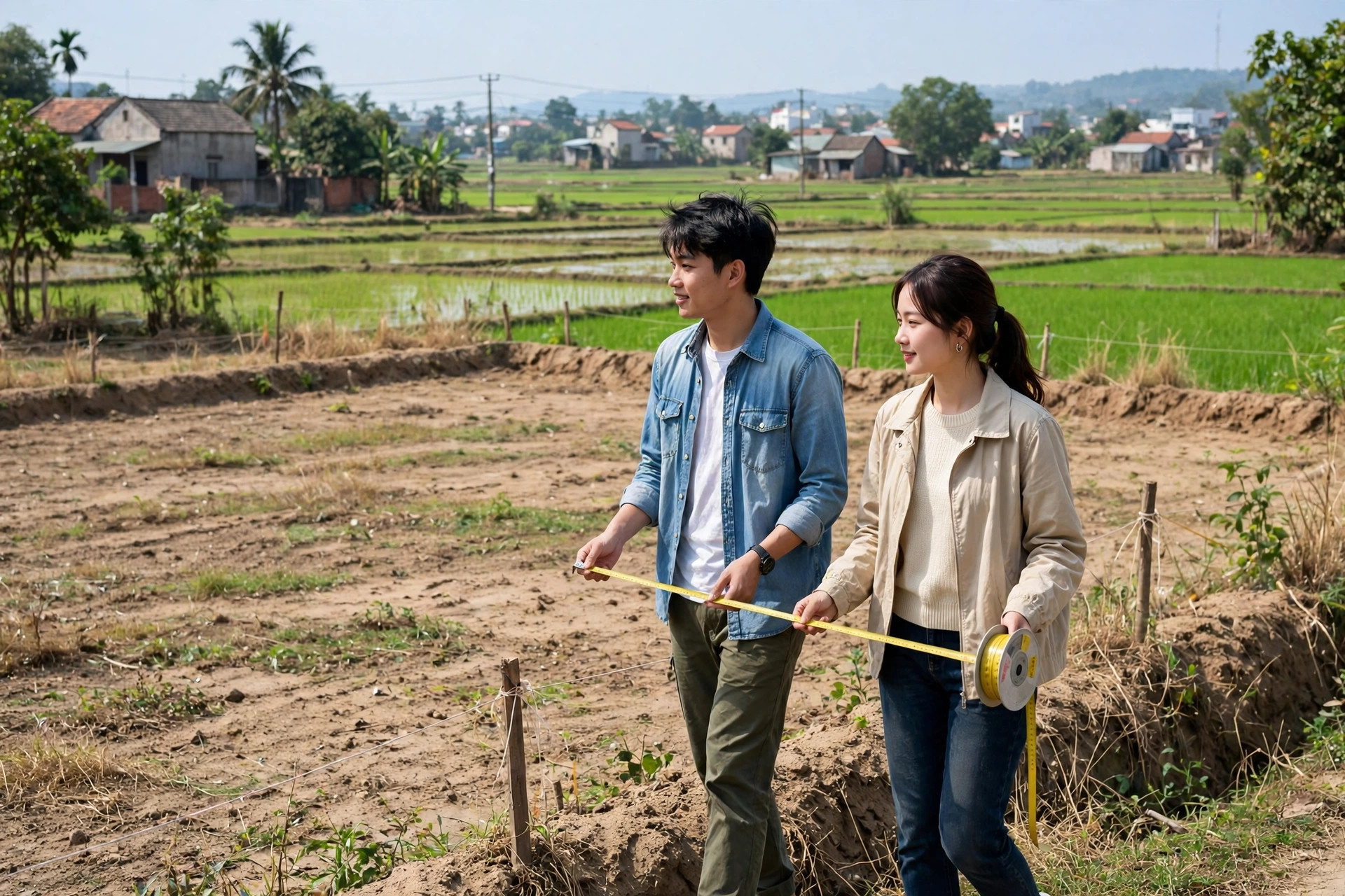 Cặp vợ chồng trẻ đo ranh giới thửa đất nền vùng ven
