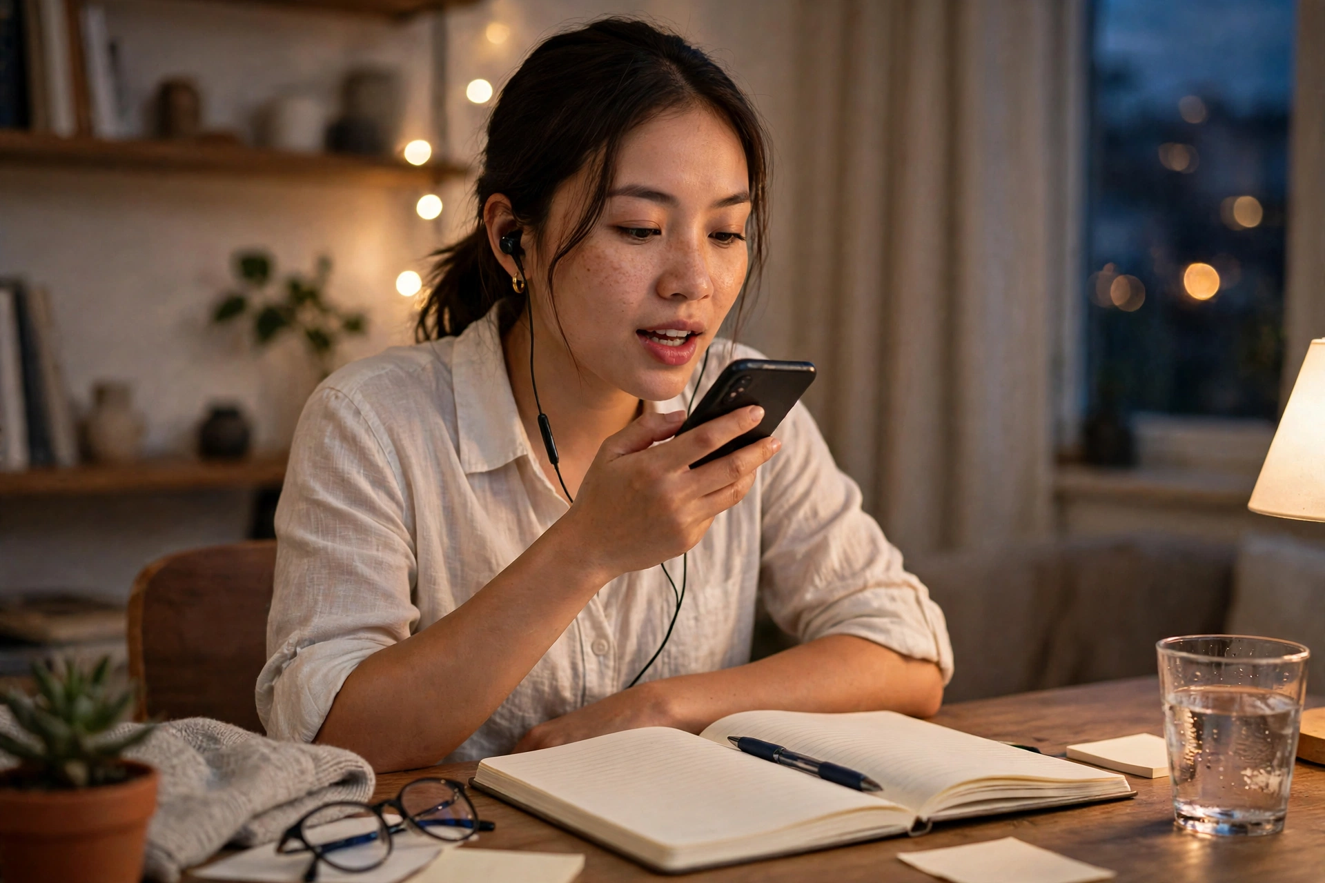 Người phụ nữ văn phòng đeo tai nghe luyện nói tiếng Anh với điện thoại và sổ tay trên bàn