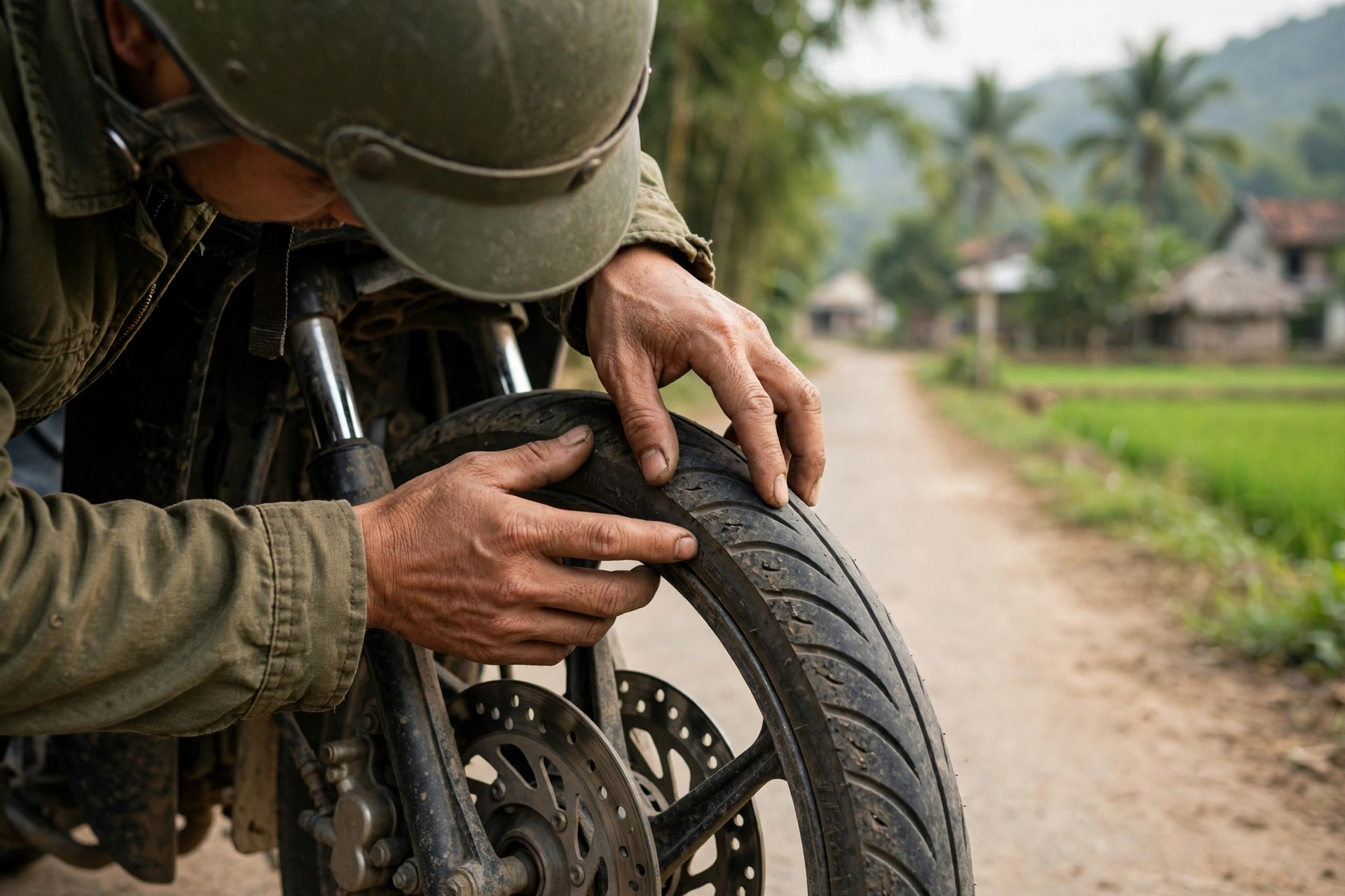 Người đi xe máy đội mũ bảo hiểm kiểm tra lốp xe trước chuyến đi dài trên đường quê Việt Nam