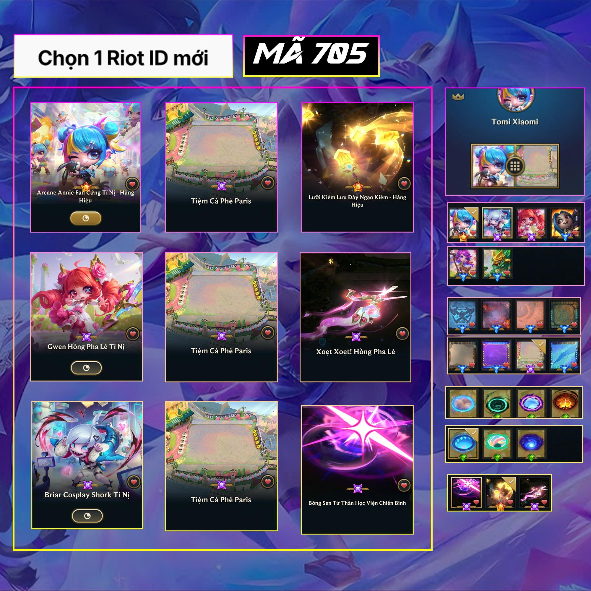 Thuê acc TFT MS: 705 KHÔNG RANK - Anie Hàng Hiệu - Gwen HPL - Briar Shork