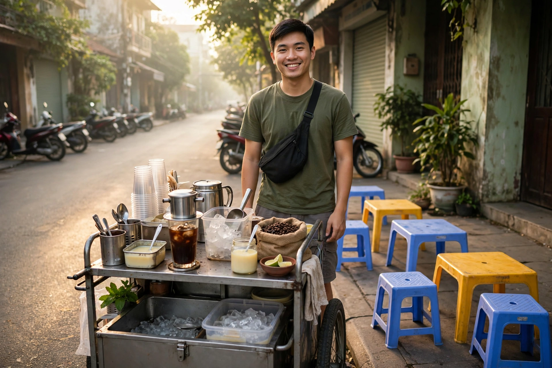 Chủ quán cà phê vỉa hè bên xe pha chế buổi sáng