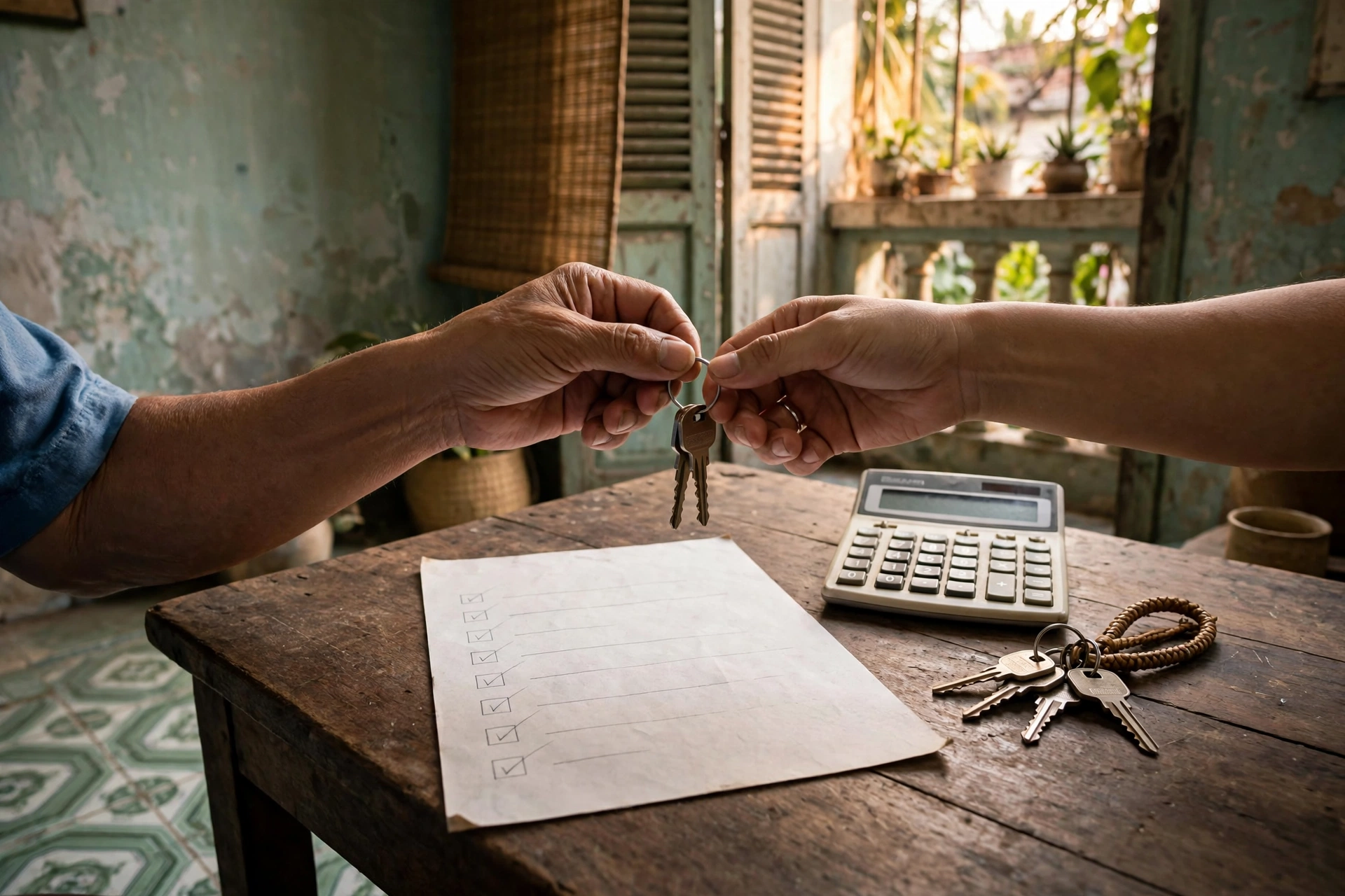 Người mua kiểm tra tường và trần căn hộ chung cư cũ trước khi mua