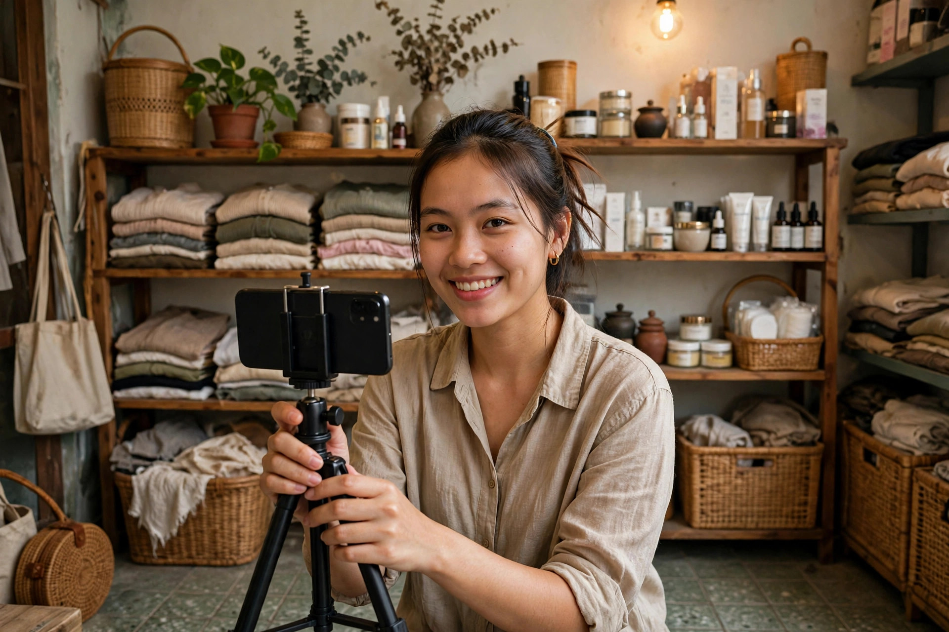 Chủ shop livestream bán hàng bằng điện thoại trước kệ hàng tại nhà