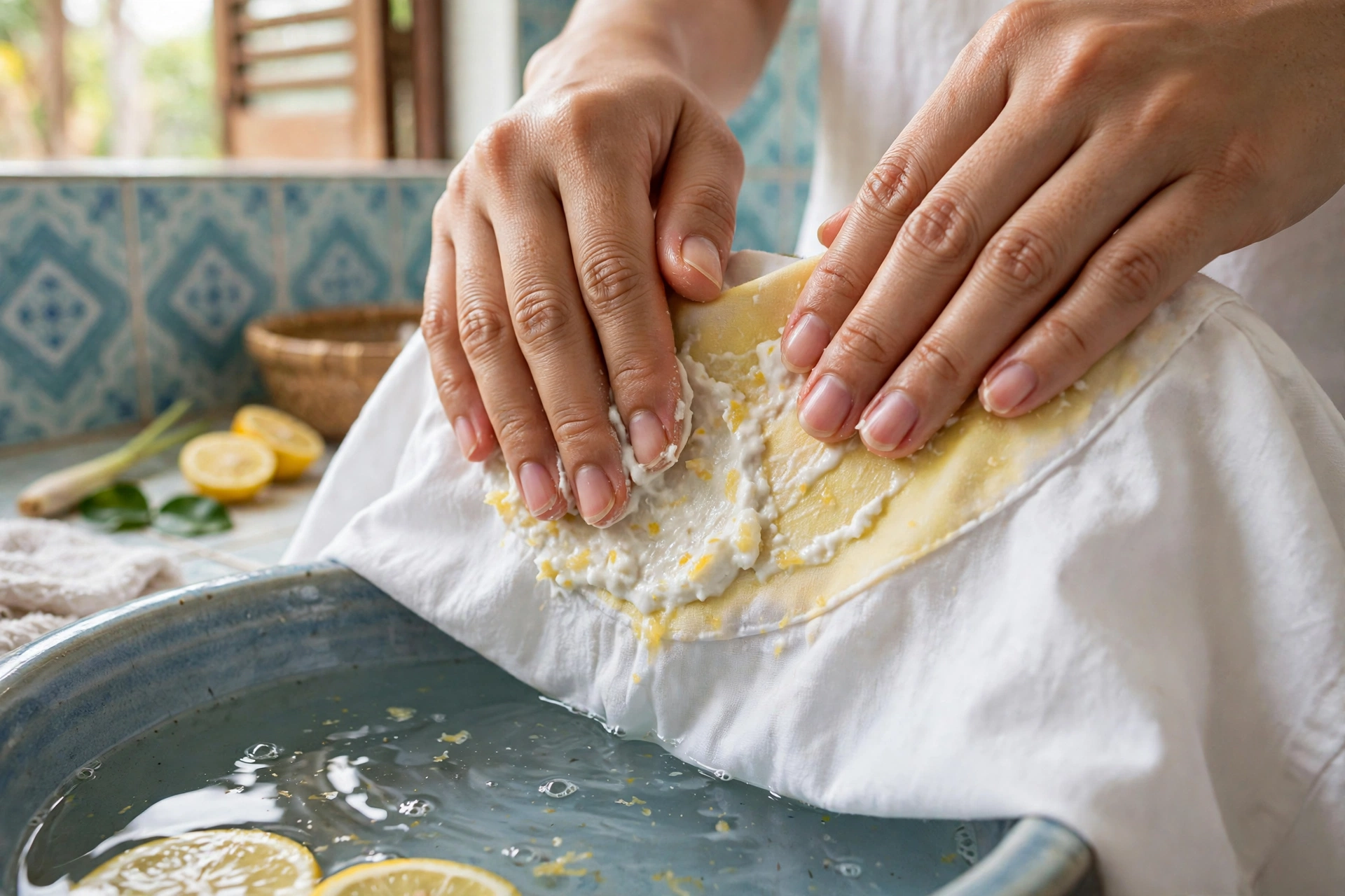 Bàn tay thoa hỗn hợp baking soda và chanh lên cổ áo trắng bị ố vàng