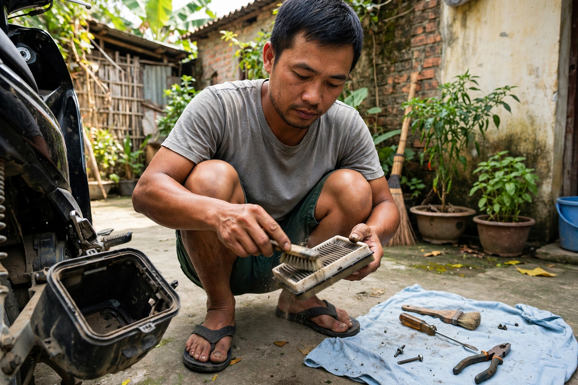 Người đàn ông vệ sinh lọc gió xe máy bằng chổi tại sân nhà