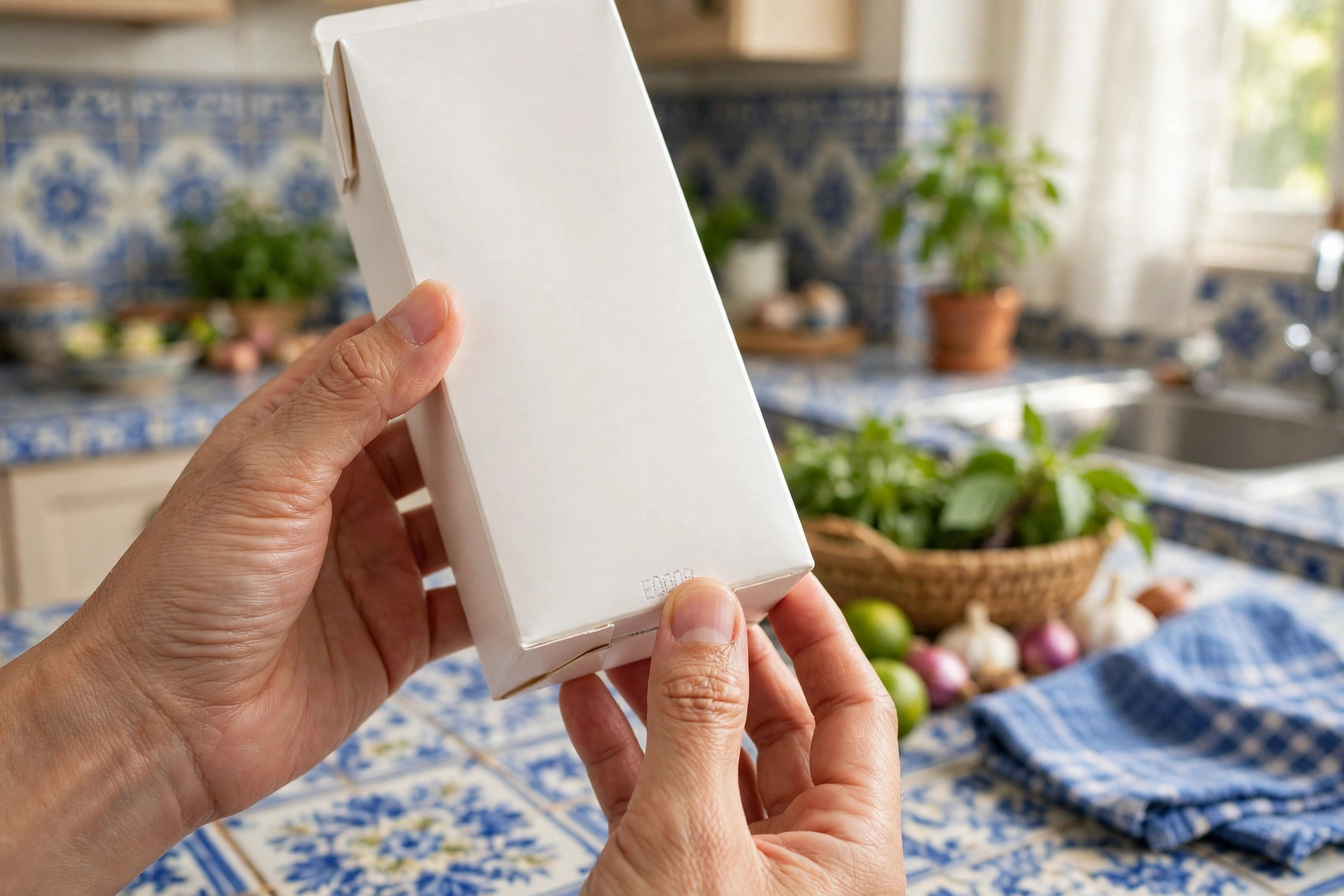 Người nội trợ cầm hộp sữa kiểm tra thông tin trên bao bì