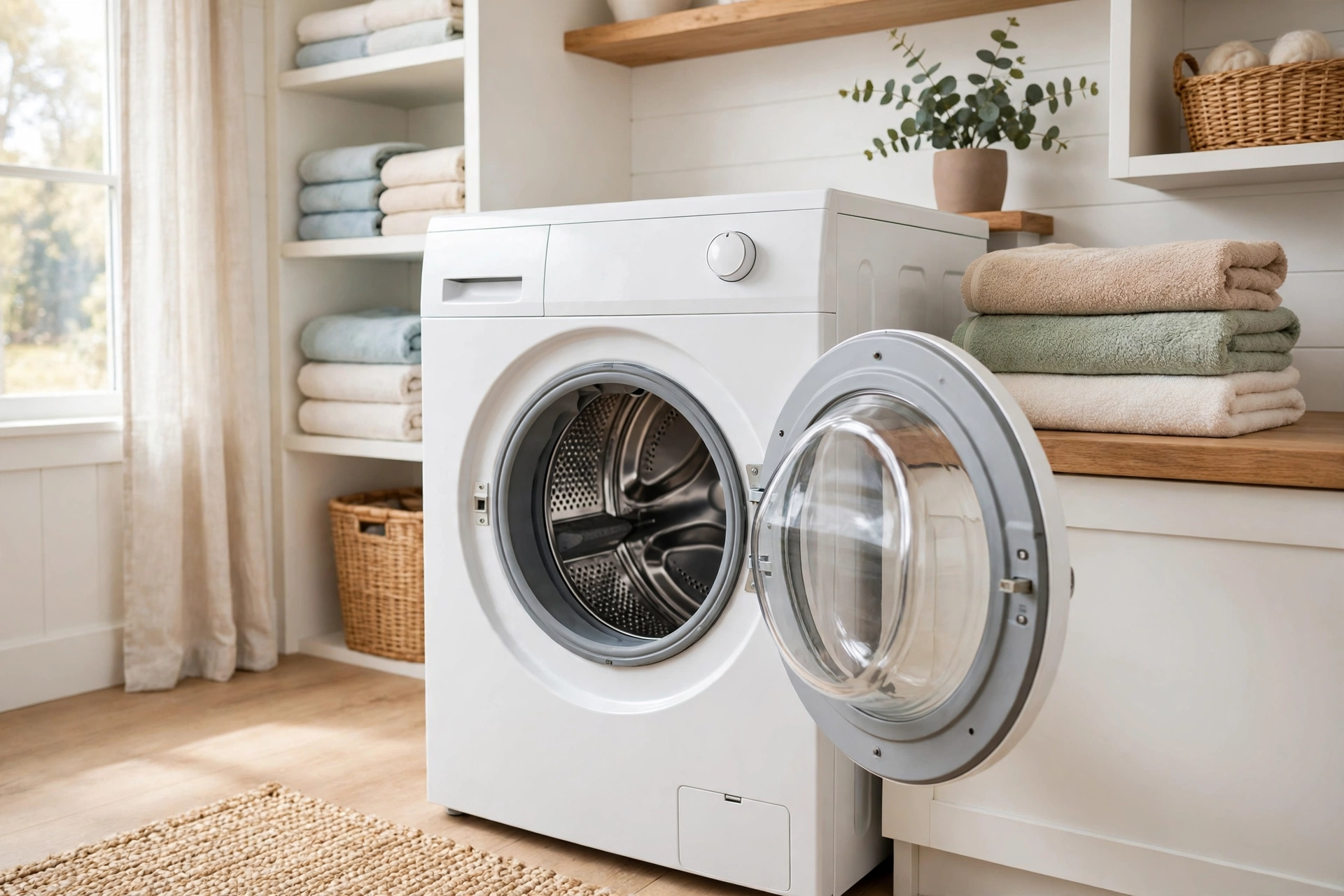 Người phụ nữ lau gioăng cao su máy giặt cửa ngang bằng khăn sạch