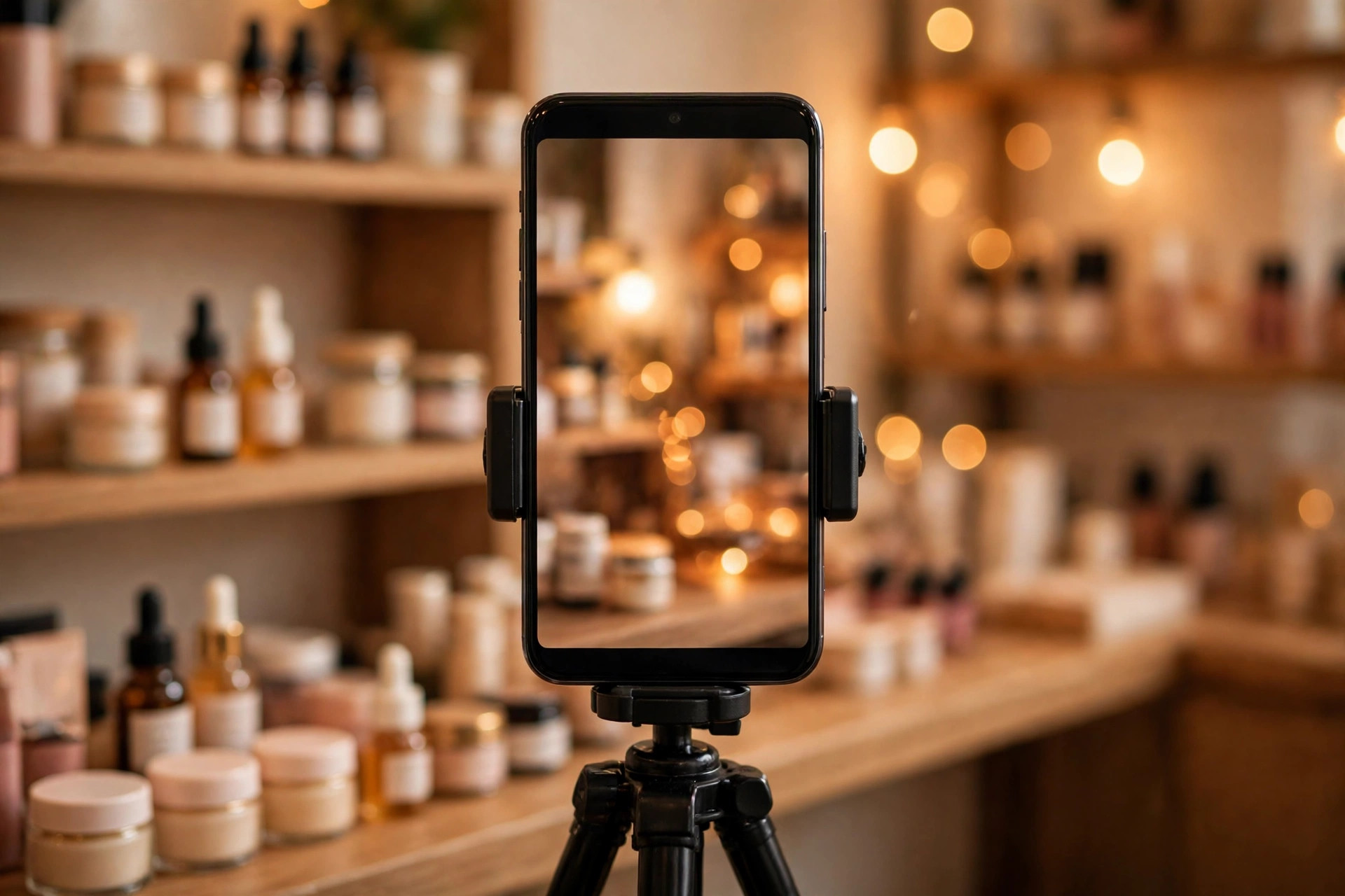 Điện thoại gắn trên tripod ngang tầm mắt, hướng vào kệ mỹ phẩm trong buổi livestream bán hàng
