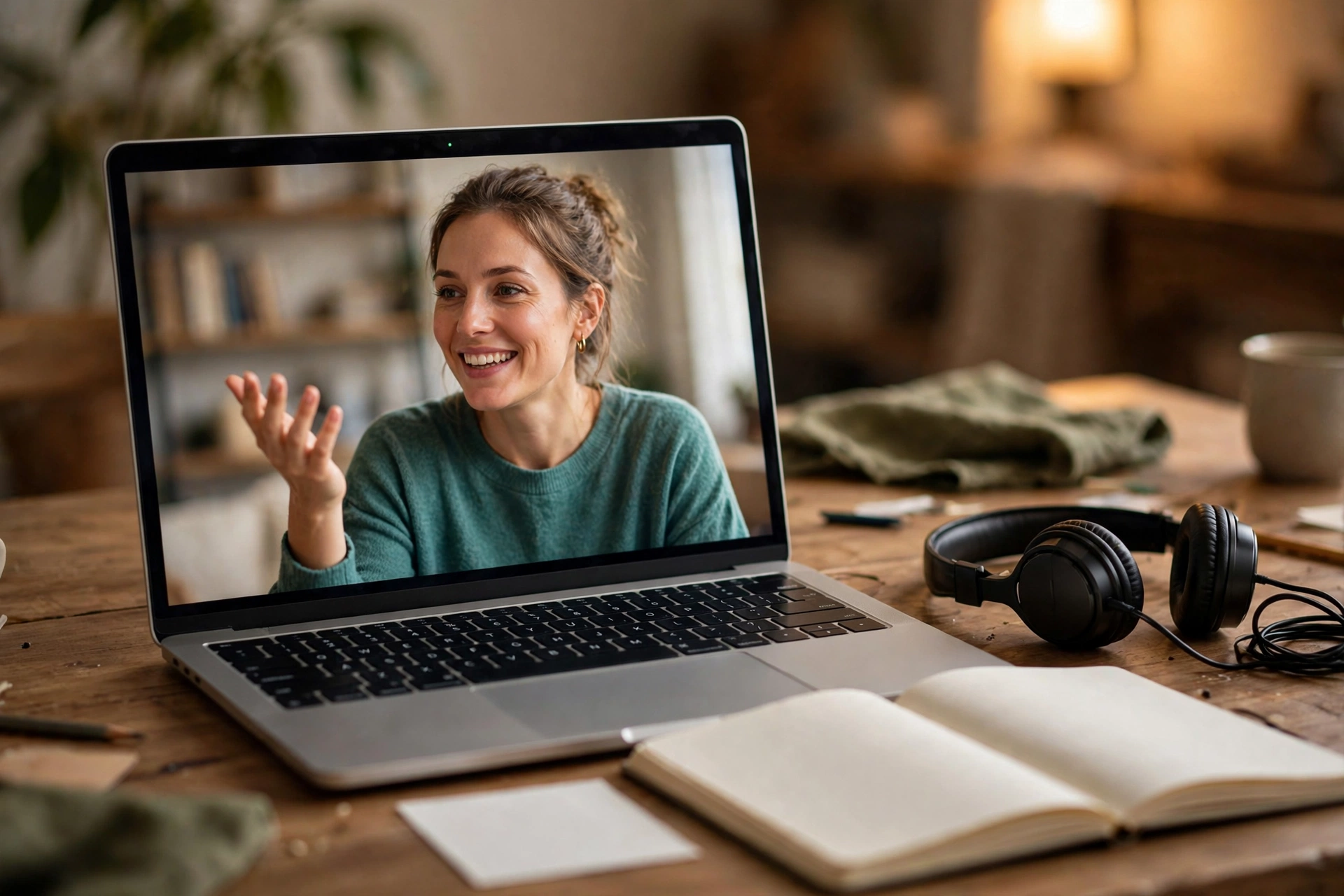 Giáo viên dạy kèm online qua laptop, trên màn hình là học viên đang cười và giơ tay phát biểu