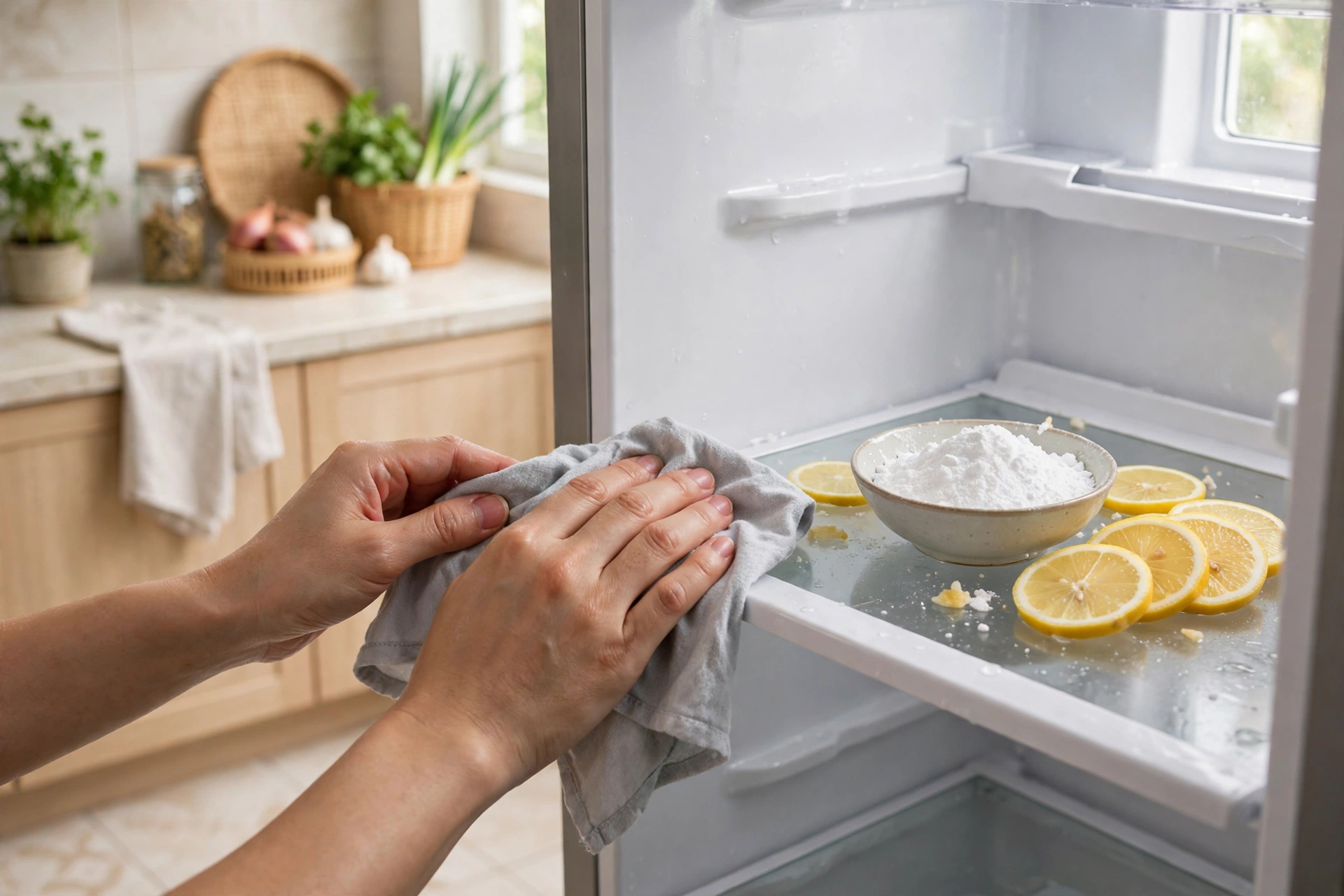 Tay lau kệ tủ lạnh bằng khăn, bên cạnh có bát baking soda và chanh cắt lát
