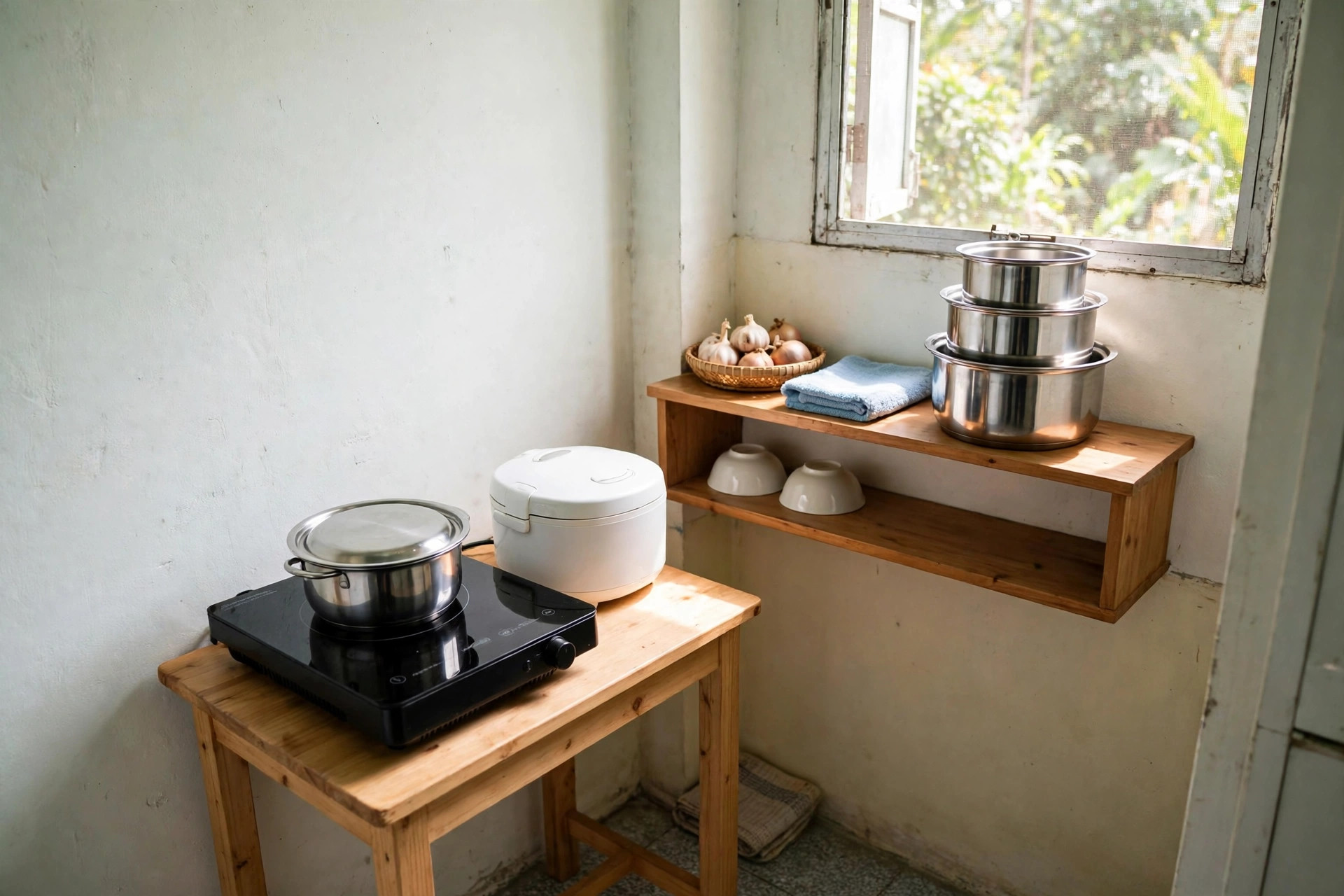 Góc bếp trọ gọn gàng với bếp từ đơn