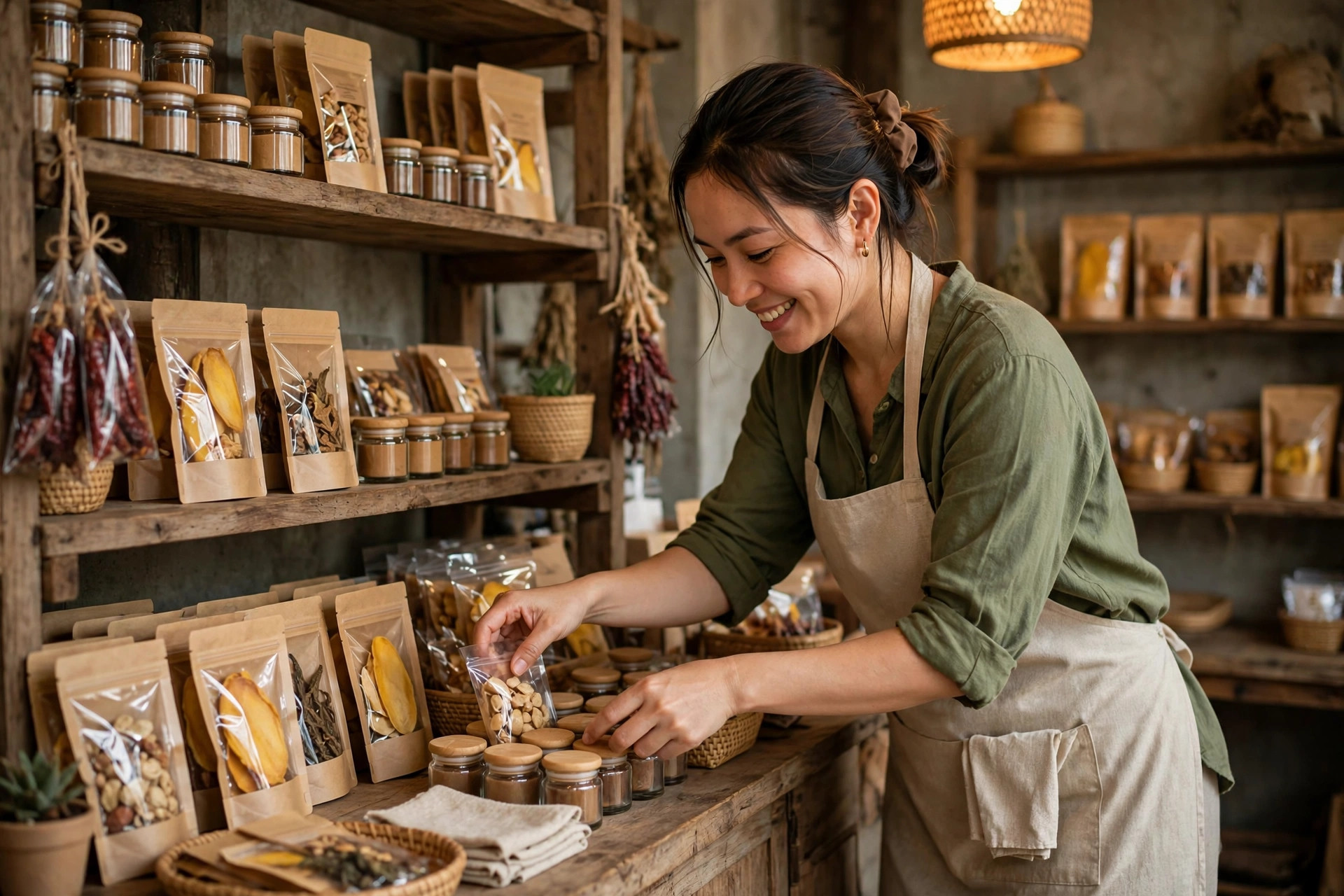 Chủ shop sắp xếp sản phẩm gọn gàng để chụp ảnh đăng bán