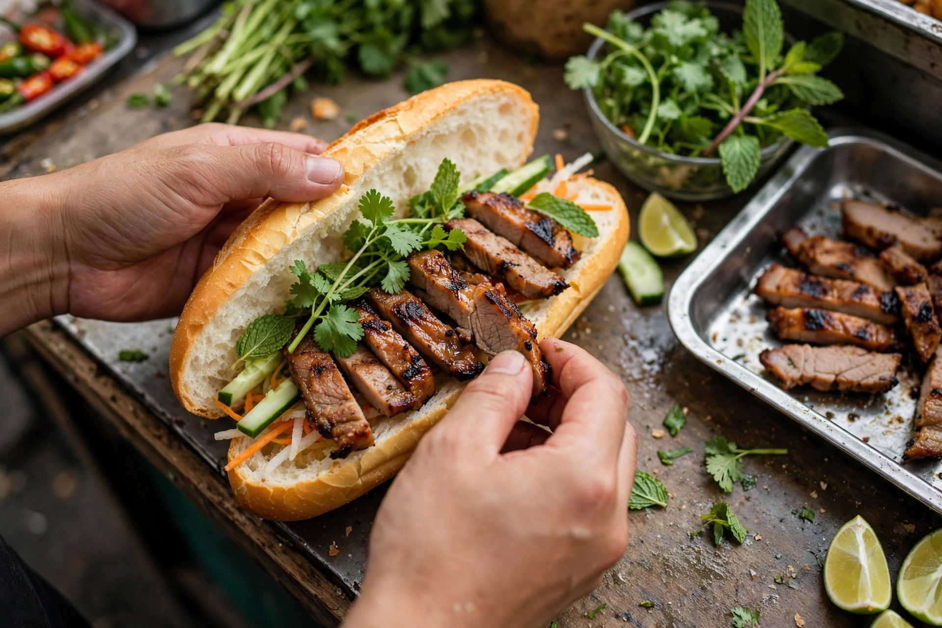Làm bánh mì tươi tại quầy nhỏ buổi sáng