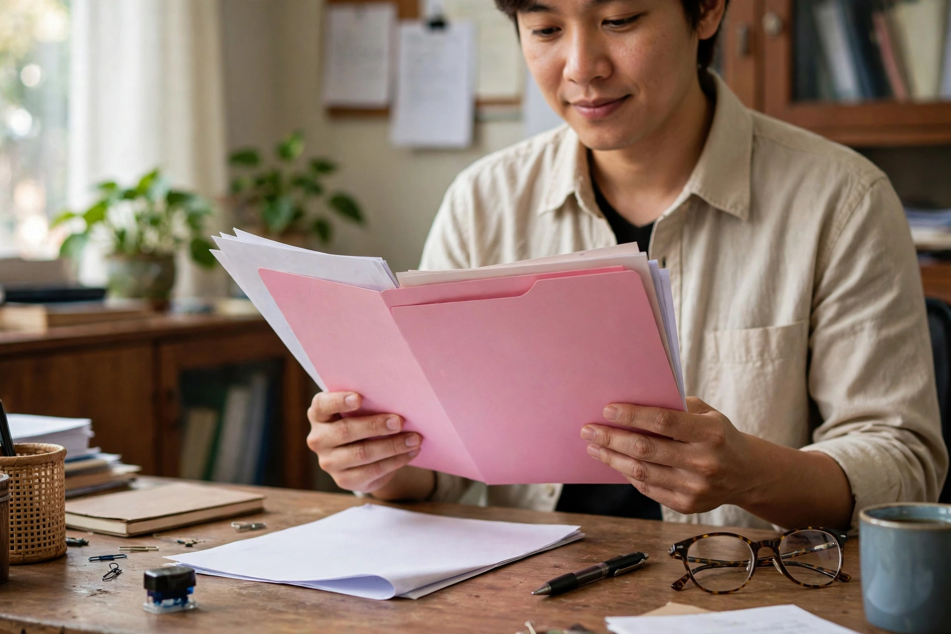 Ảnh minh họa: người mua nhà đang kiểm tra sổ hồng và hồ sơ pháp lý trên bàn làm việc