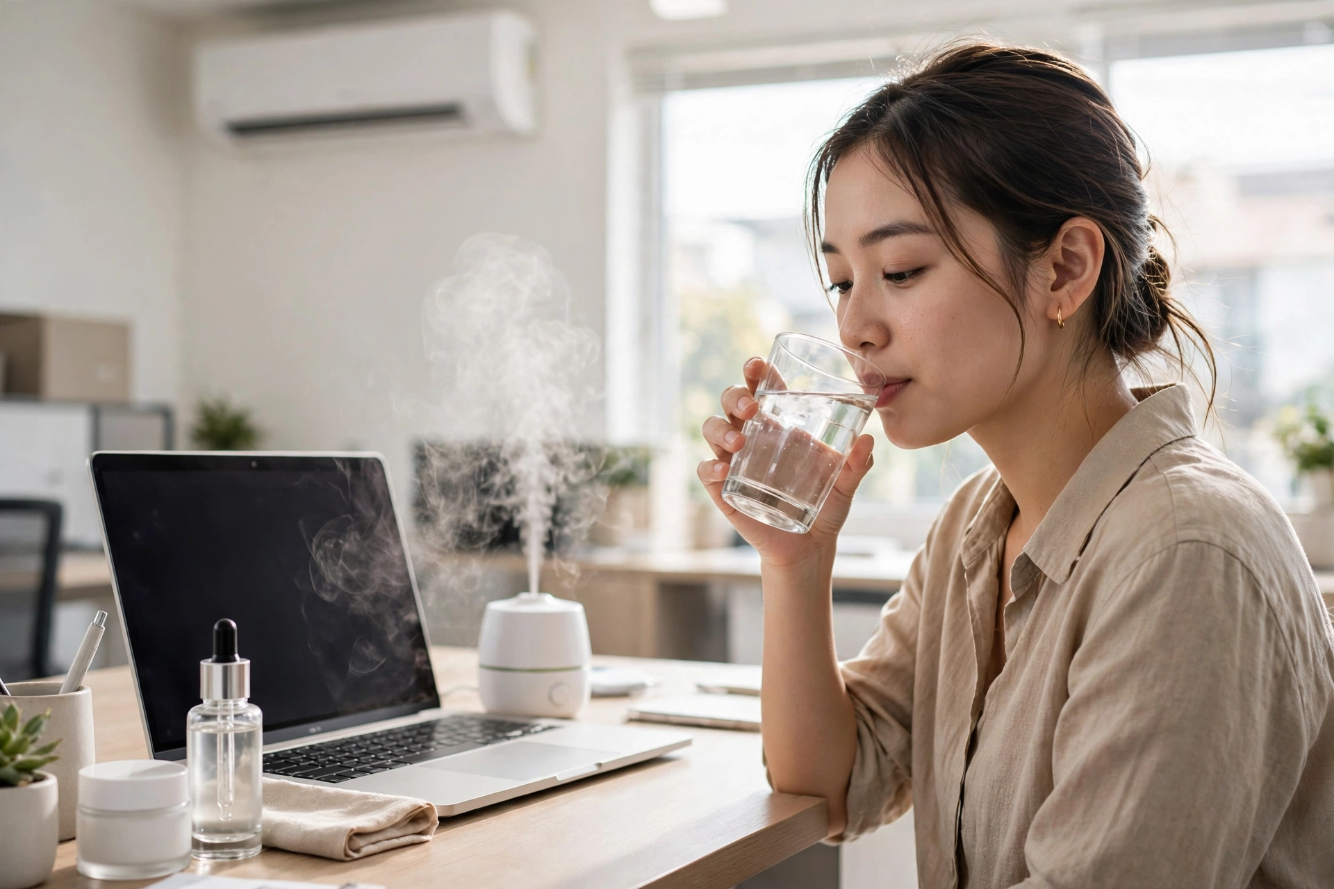 Nhân viên văn phòng uống nước và dùng máy tạo ẩm mini tại bàn làm việc