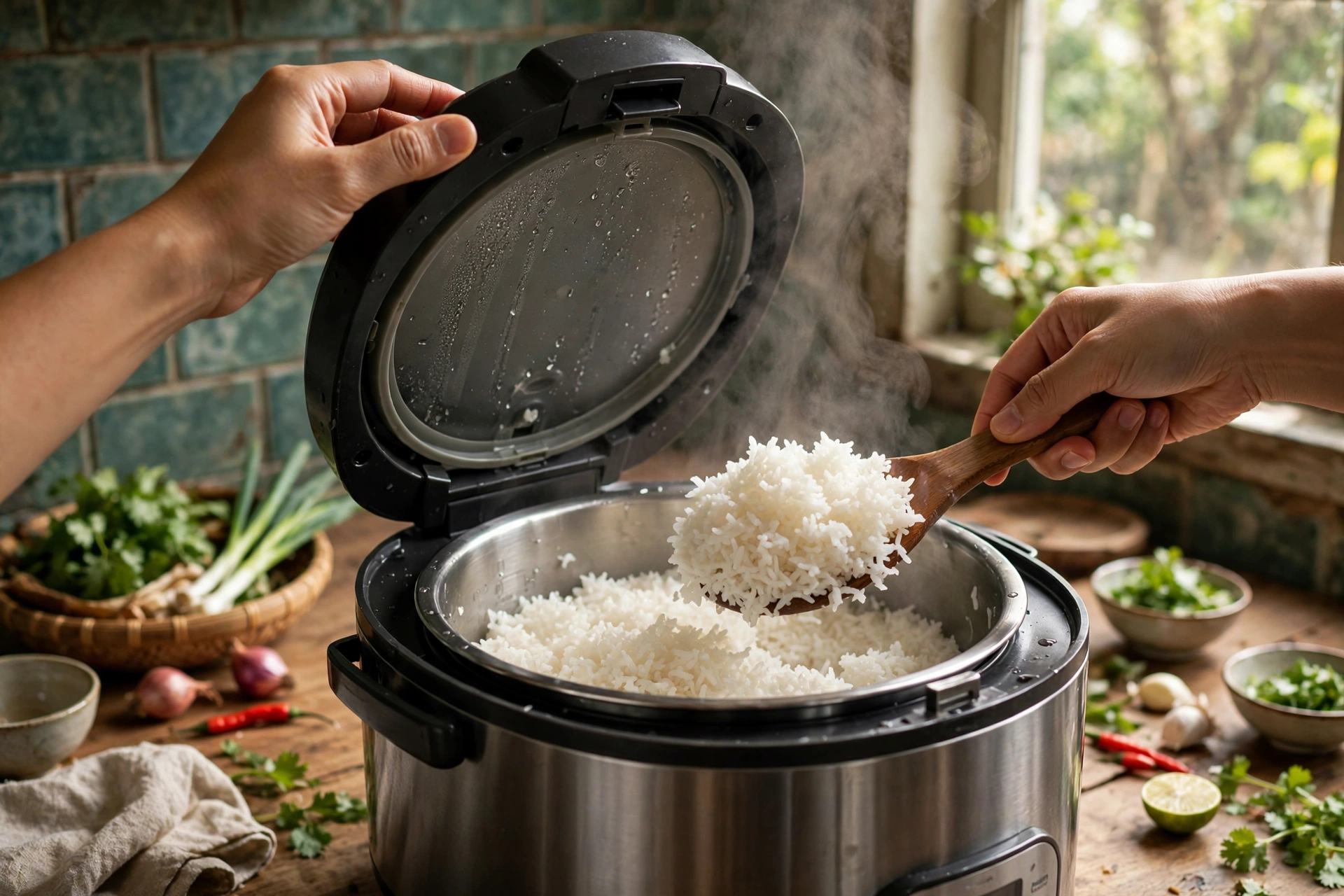 Tay mở nắp nồi cơm điện và xới cơm trắng dẻo thơm trong bếp gia đình