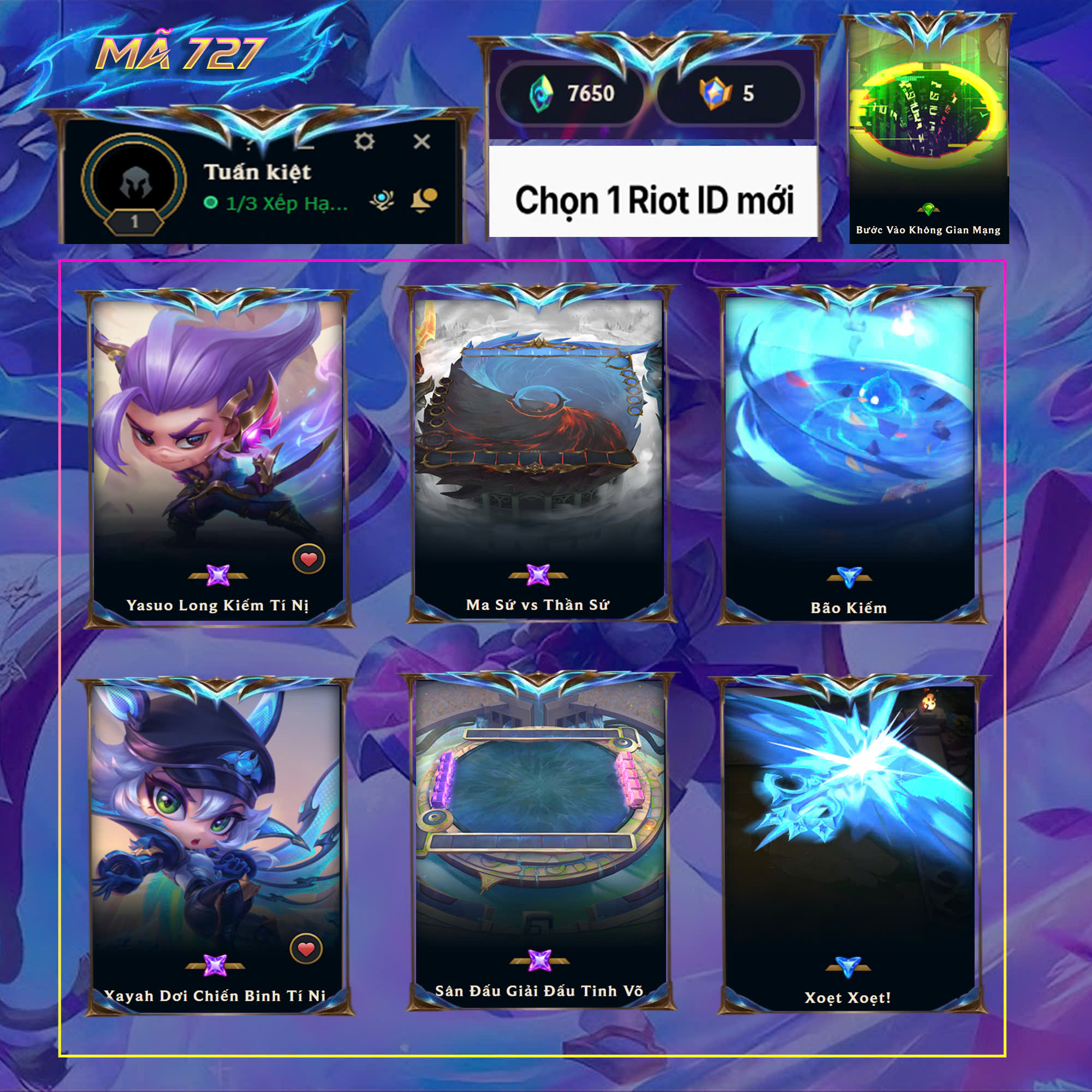 Thuê acc TFT MS: 727 KHÔNG RANK - Yasuo Long Kiếm - Xayah Dơi Chiến Binh