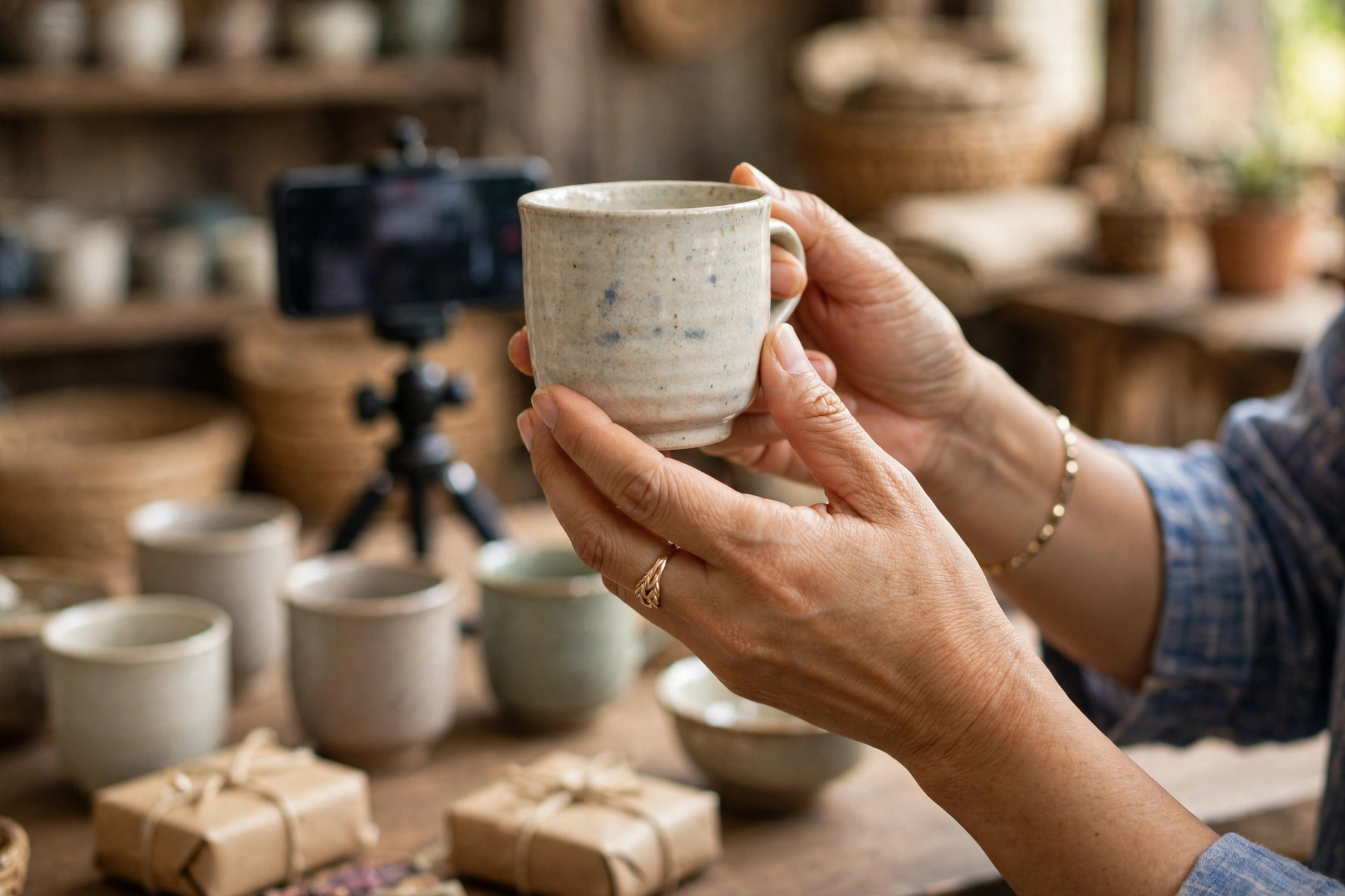 Hai bàn tay cầm chiếc cốc gốm đưa lên trước điện thoại đang livestream