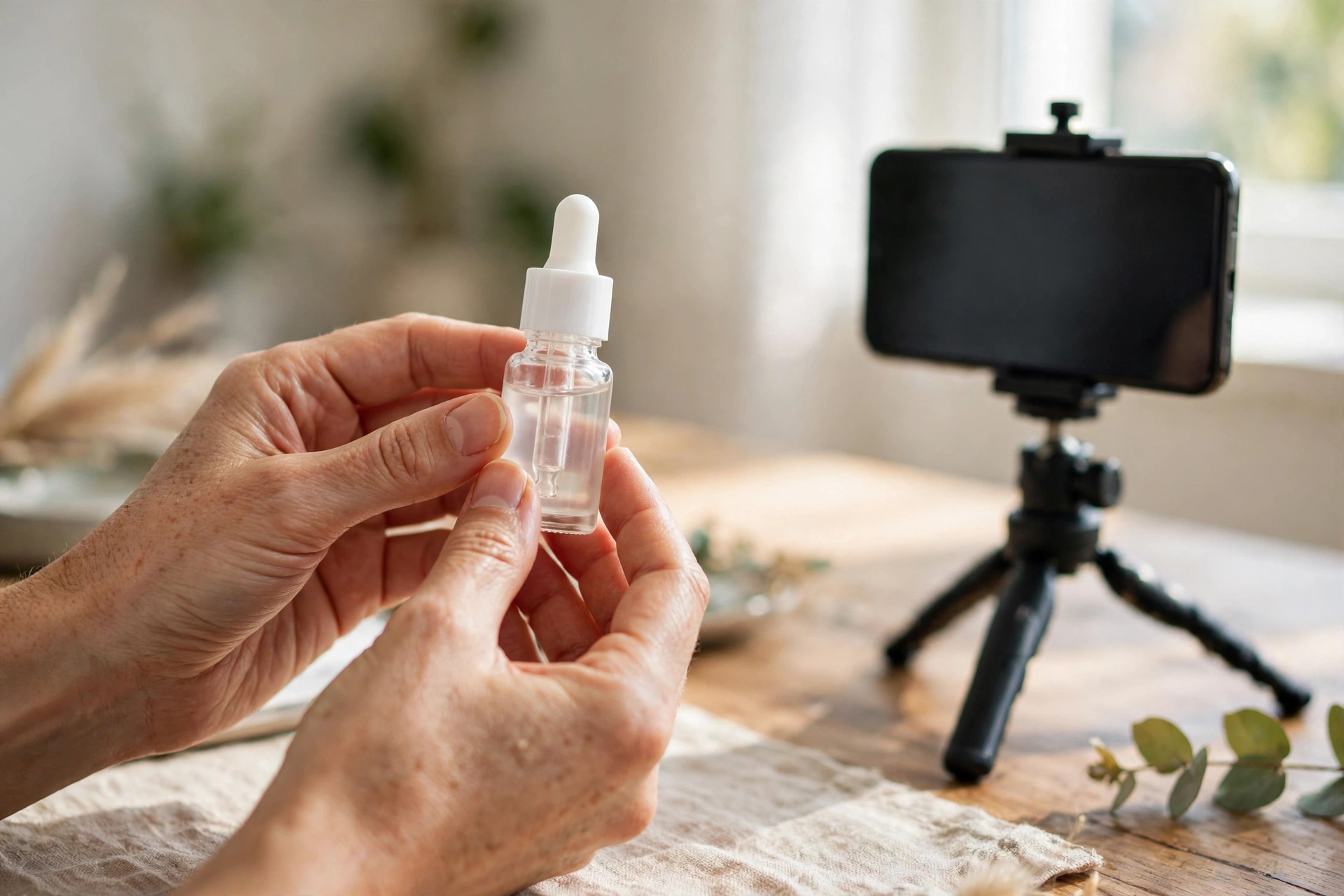 Hai bàn tay cầm lọ serum nhỏ trước điện thoại gắn trên chân máy
