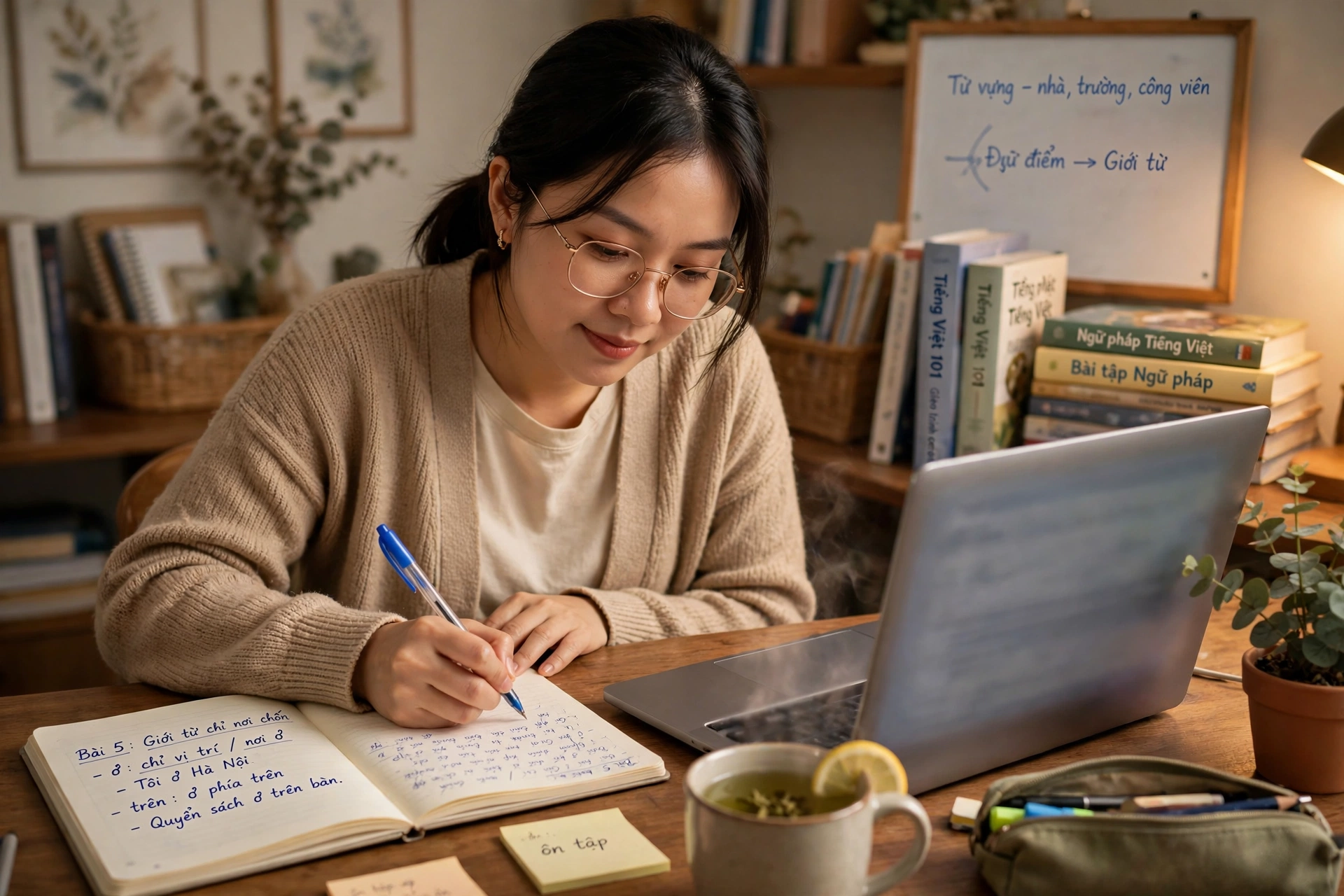 Giáo viên chuẩn bị bài giảng và ghi chú cho buổi dạy kèm online tại nhà