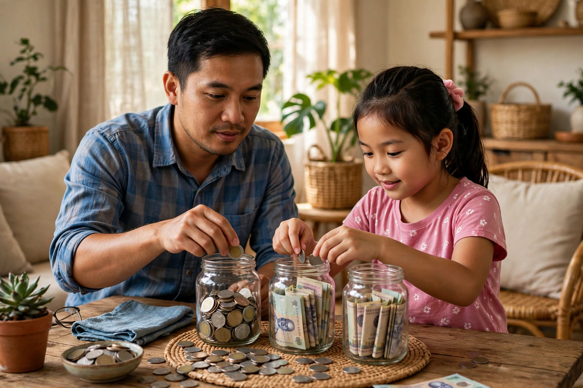 Bố và con gái cùng phân loại tiền vào ba chiếc lọ thủy tinh theo phương pháp 3 lọ