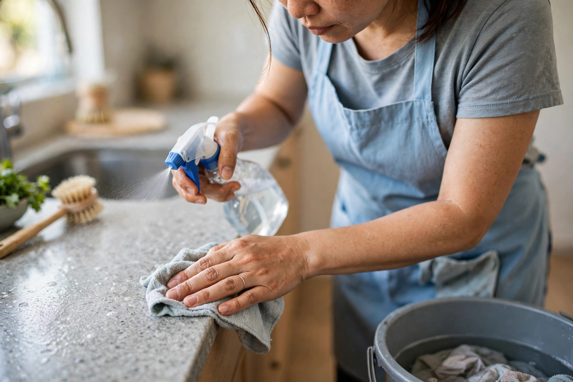 Nhân viên dọn nhà mặc tạp dề xanh xịt dung dịch và lau mặt bếp bằng khăn