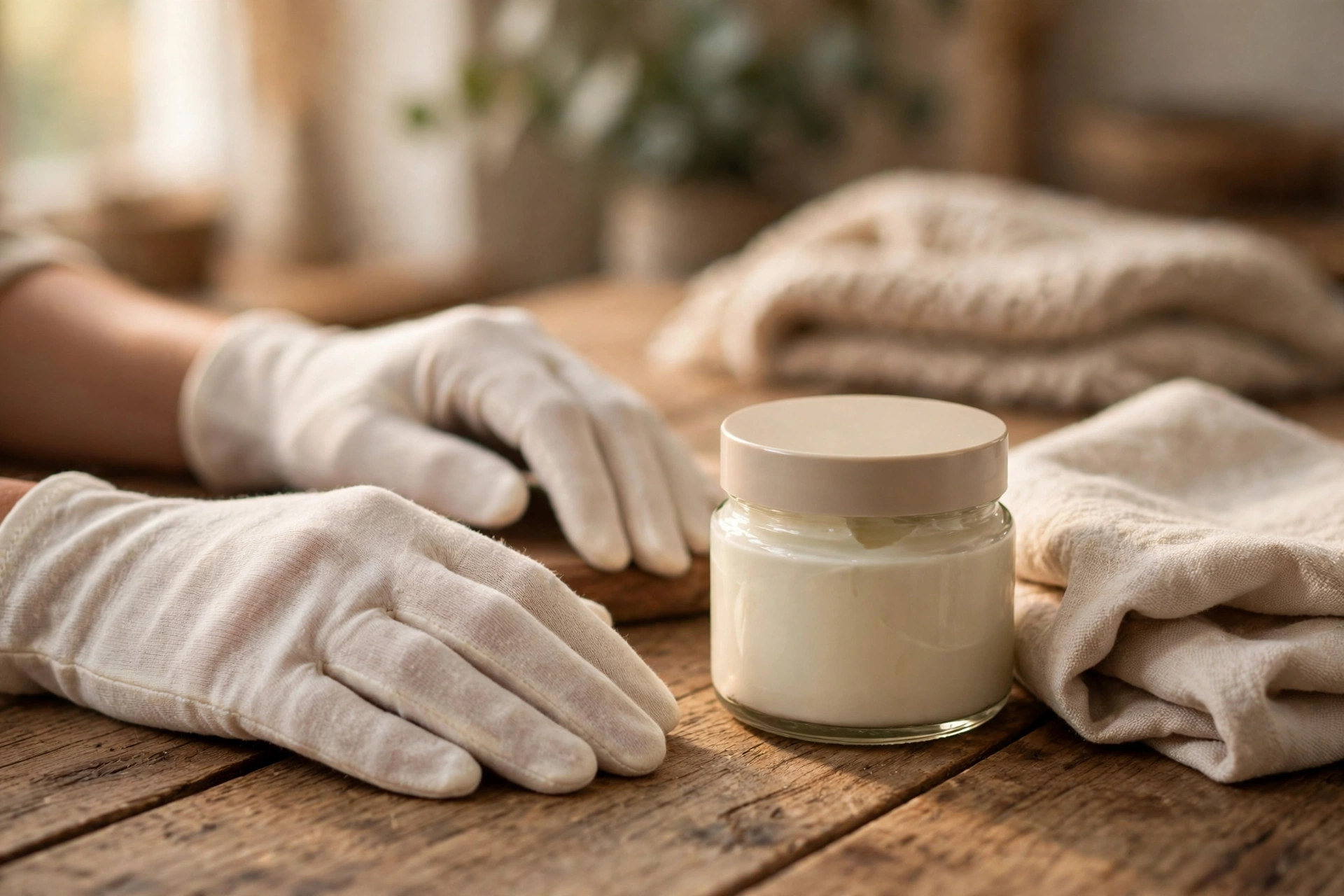 Đeo găng tay cotton sau khi thoa kem dưỡng ẩm để giữ ẩm cho da tay