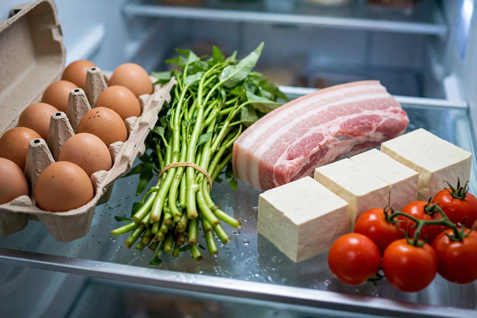 Người nội trợ cầm điện thoại xem nguyên liệu trong tủ lạnh để hỏi AI gợi ý món ăn