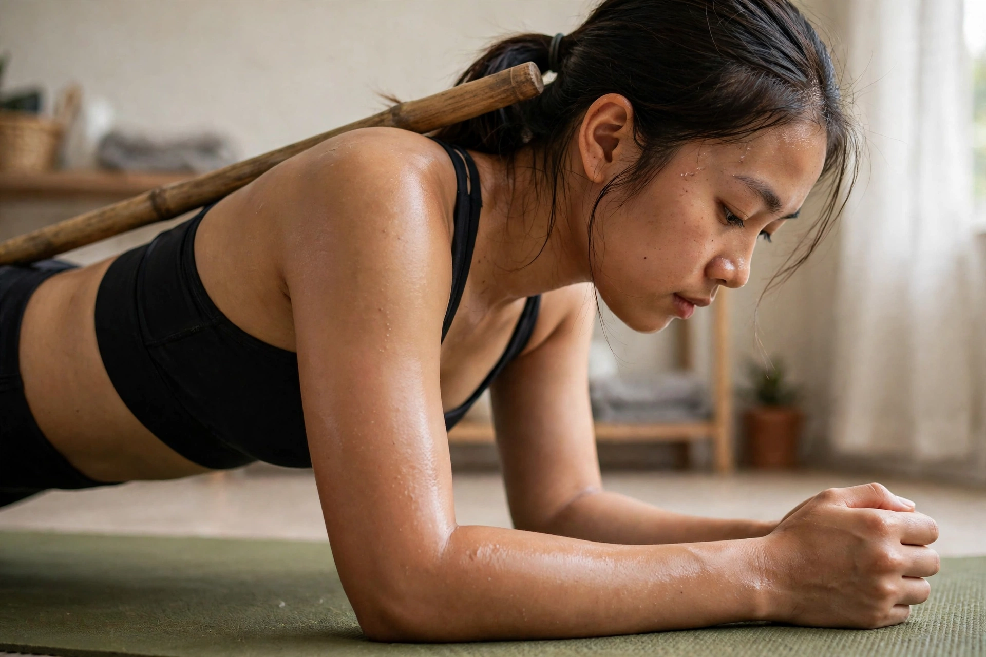 Kiểm tra lưng thẳng khi plank bằng cây gậy