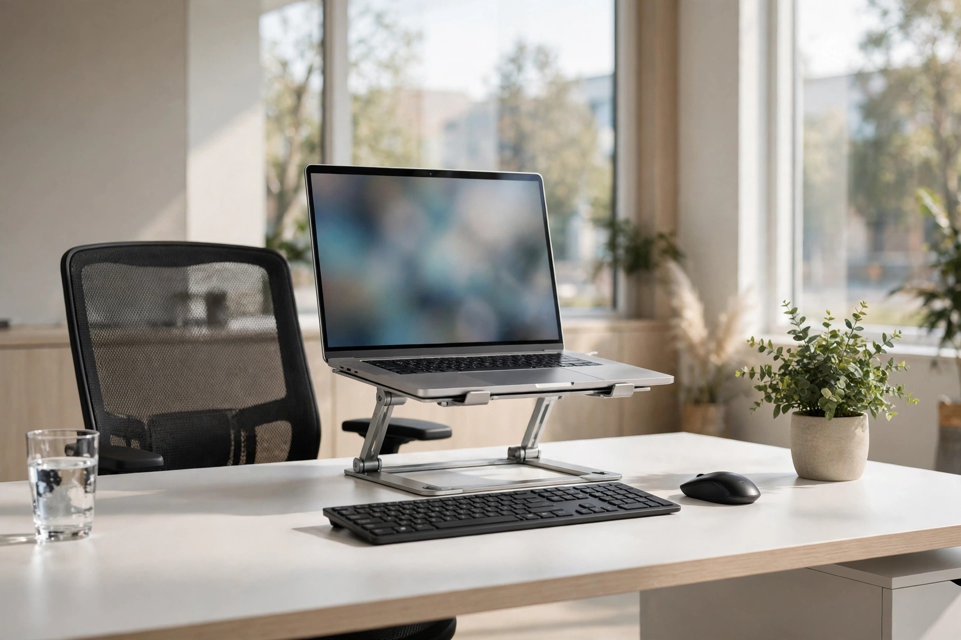 Góc làm việc công thái học với laptop trên giá đỡ