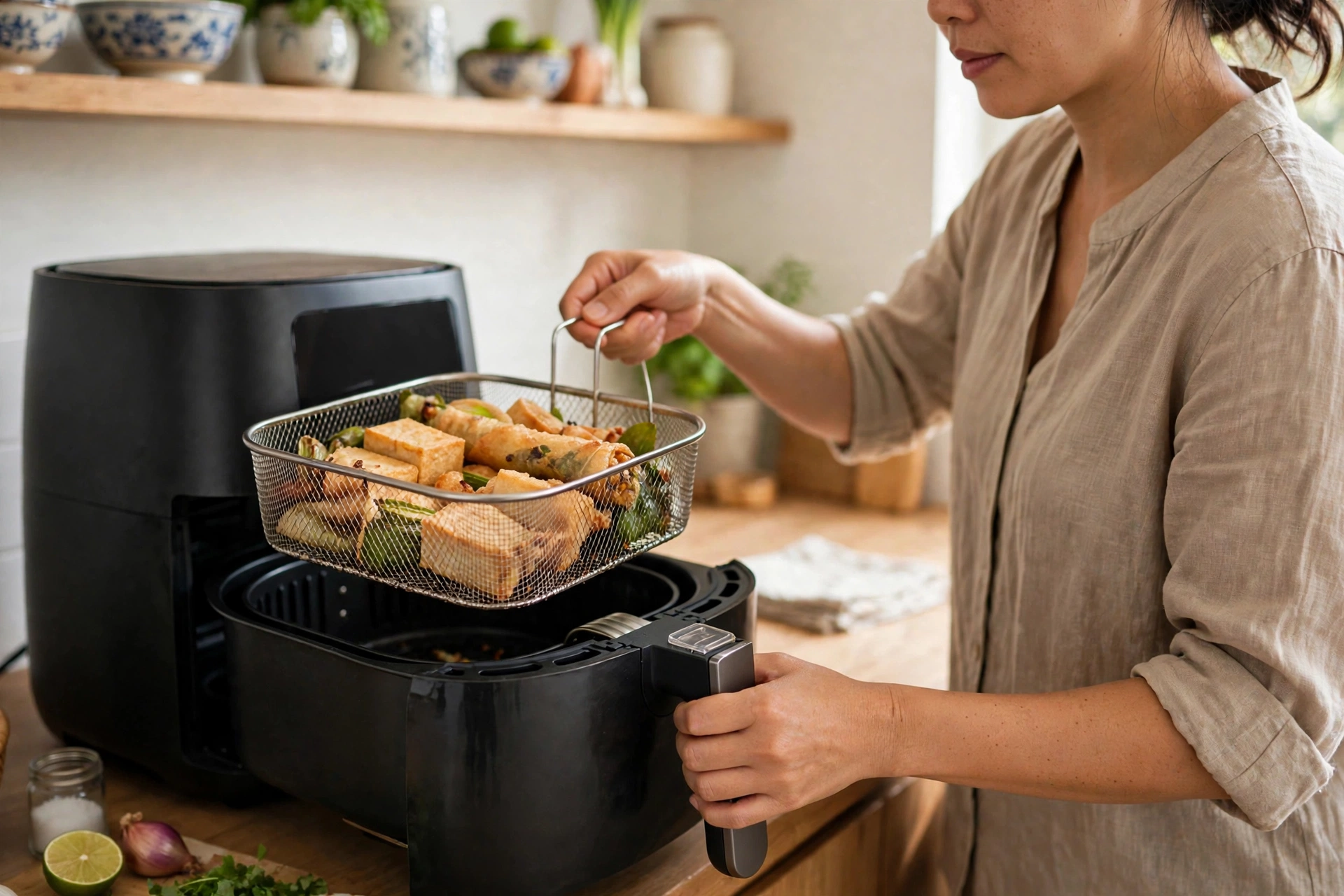 Người phụ nữ lấy khay thức ăn giòn vàng ra khỏi nồi chiên không dầu trong bếp