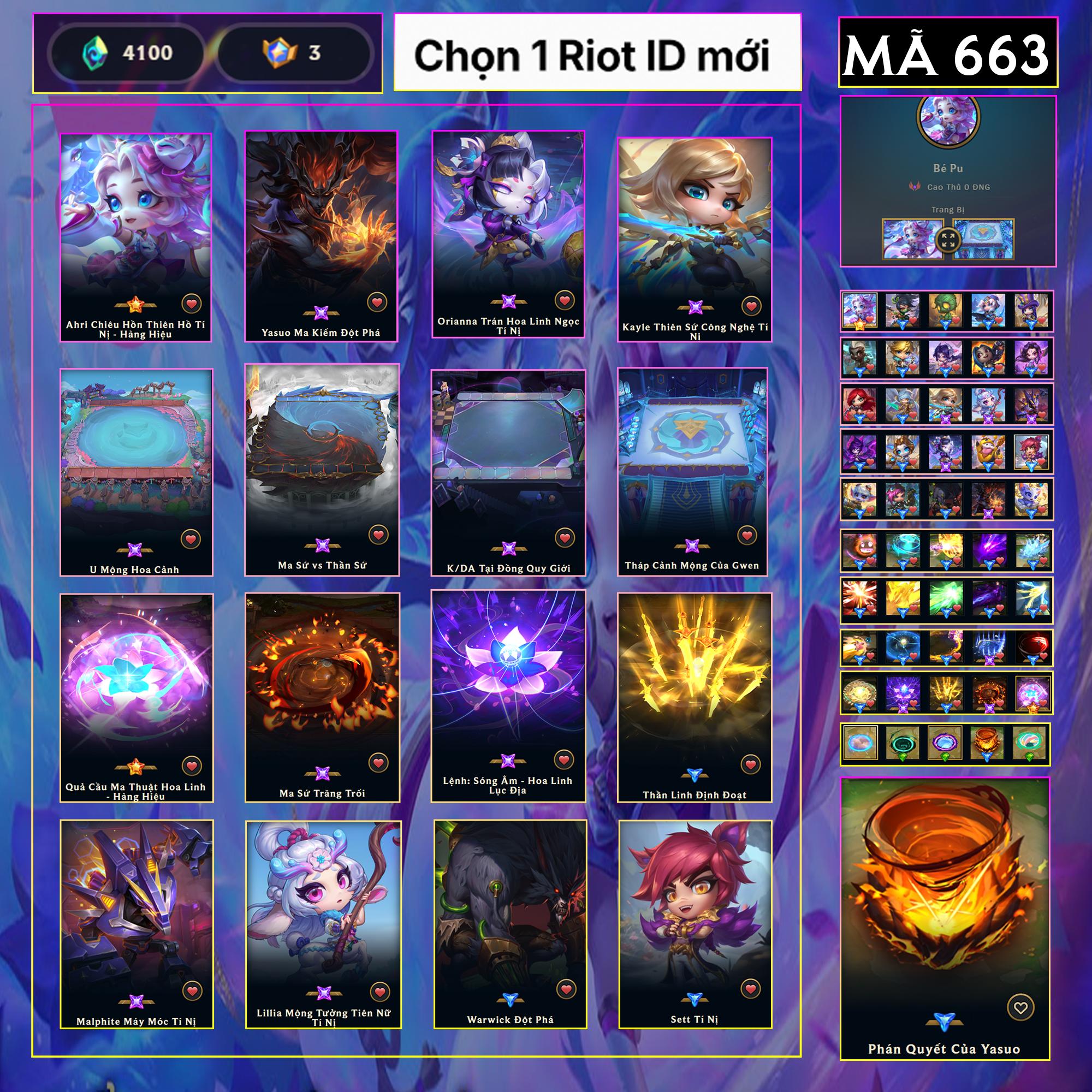Thuê acc TFT MS: 663 KHÔNG RANK - Ahri Chiêu Hồn Thiên Hồ Tí Nị - Hàng Hiệu