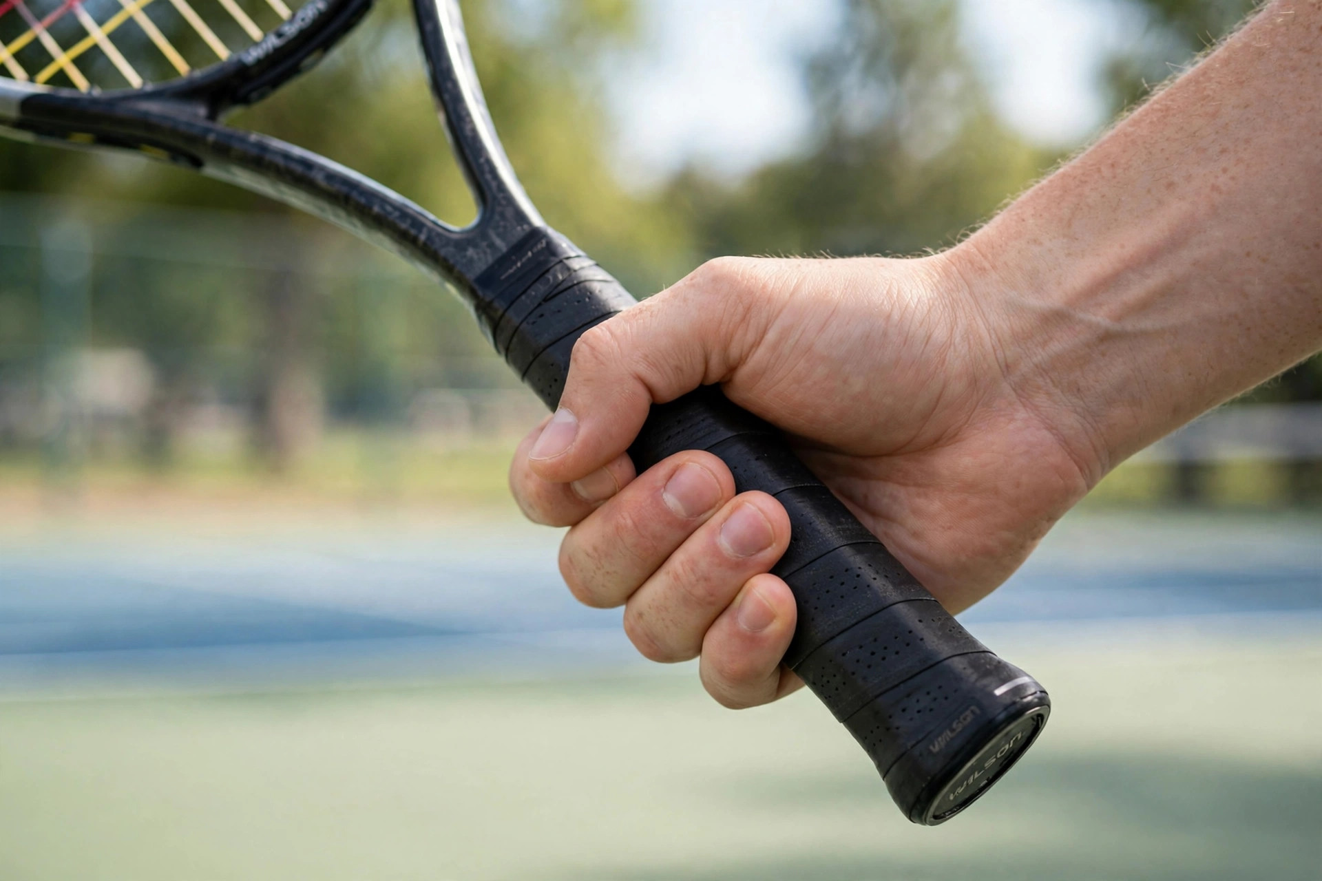 Cận cảnh bàn tay cầm cán vợt tennis đúng kỹ thuật trên sân