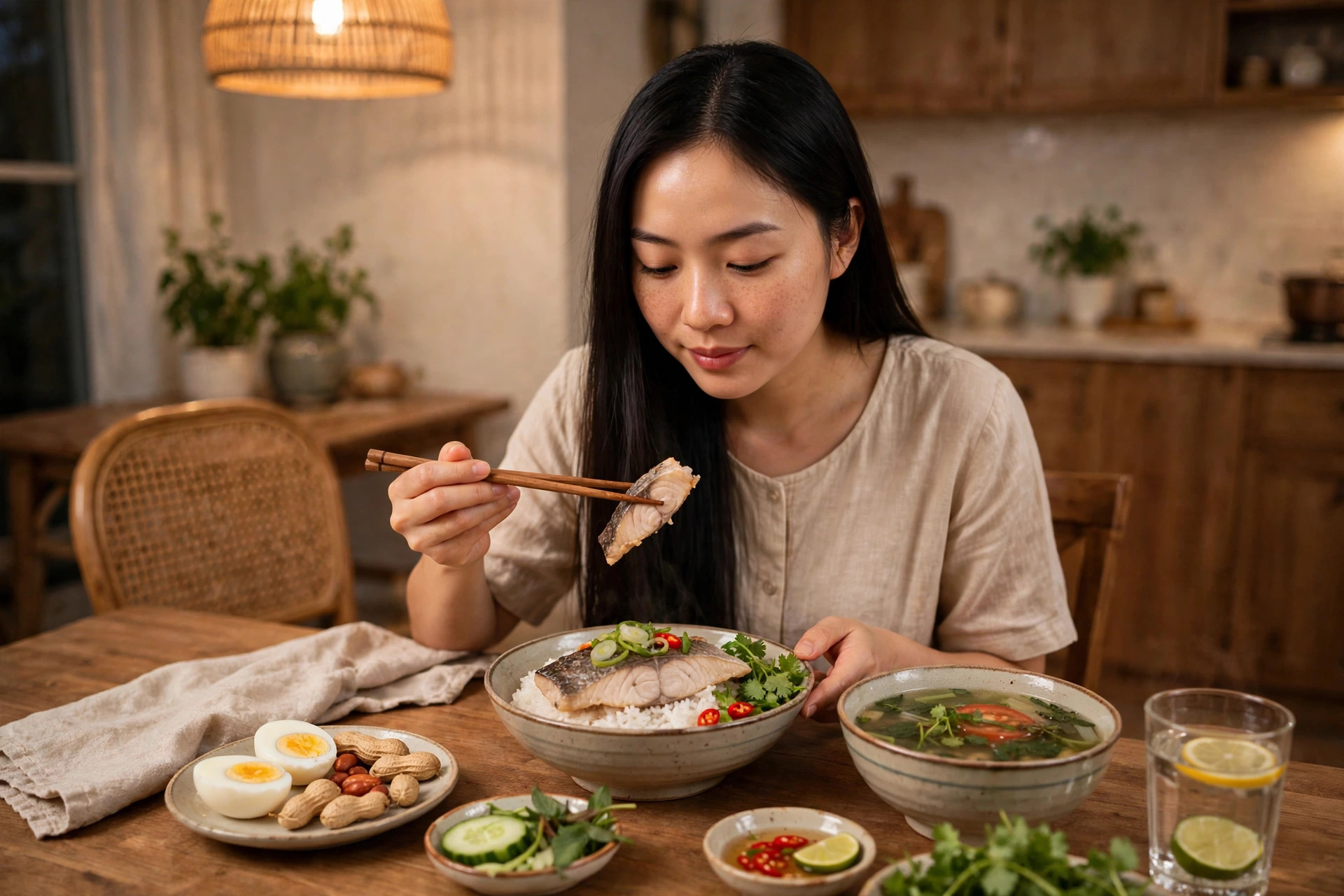 Ảnh minh họa: bữa ăn giàu đạm với cá, trứng và rau giúp tóc chắc khỏe