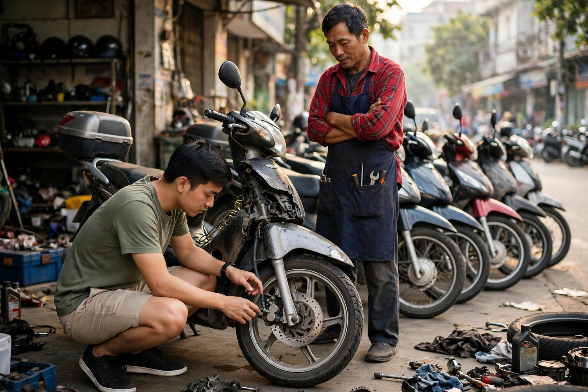Người mua trẻ kiểm tra xe tay ga cũ tại cửa hàng xe máy