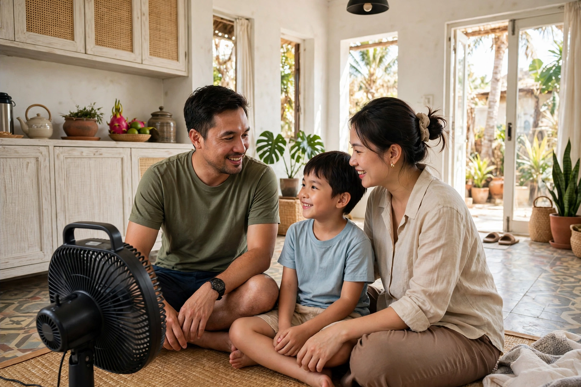 Gia đình dùng quạt tích điện trong phòng khách khi trời nóng