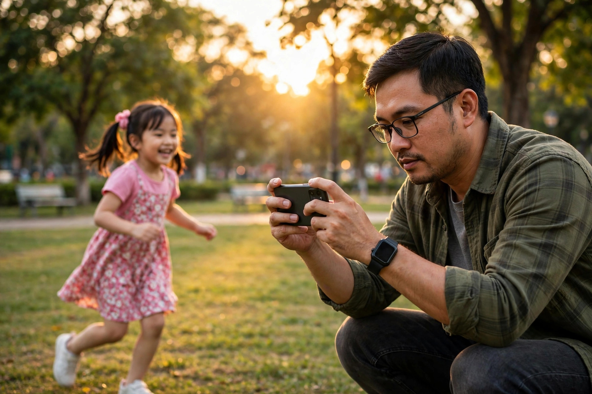 Người cha quay video con gái chơi đùa trong công viên bằng điện thoại