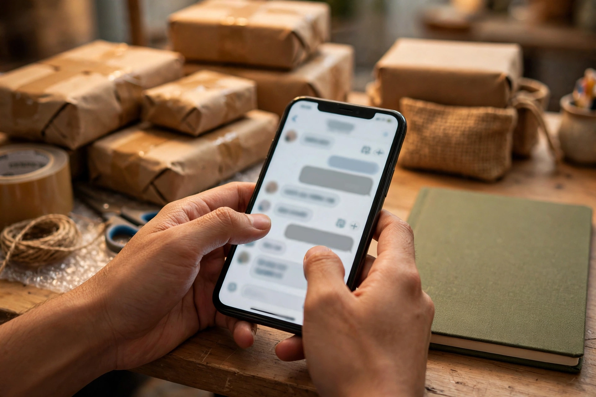 Hai bàn tay gõ trả lời tin nhắn trên điện thoại giữa các gói hàng của gian hàng online