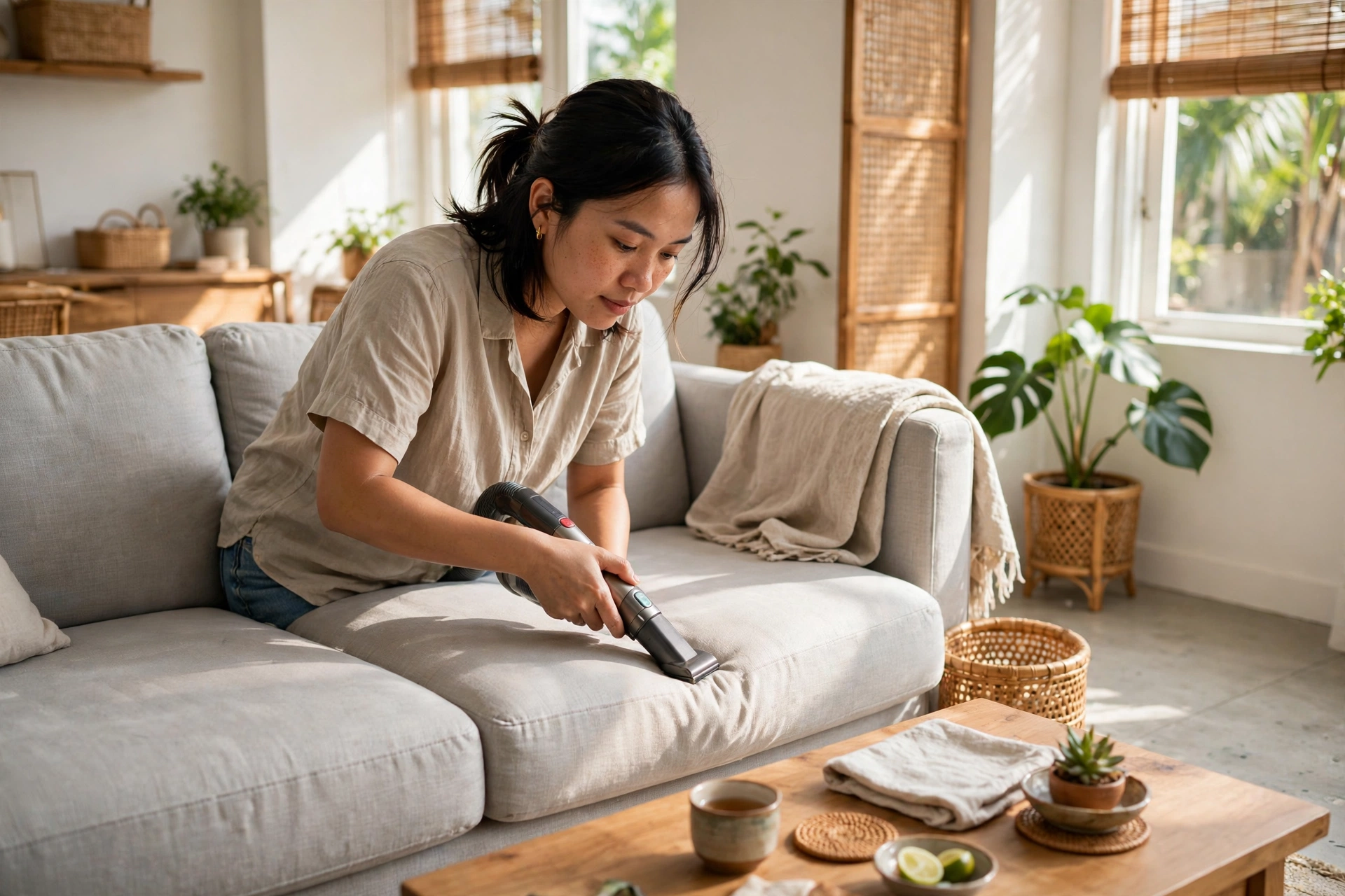 Làm sạch sofa vải tại nhà: hút bụi đúng cách, xử lý vết bẩn và khử mùi hôi