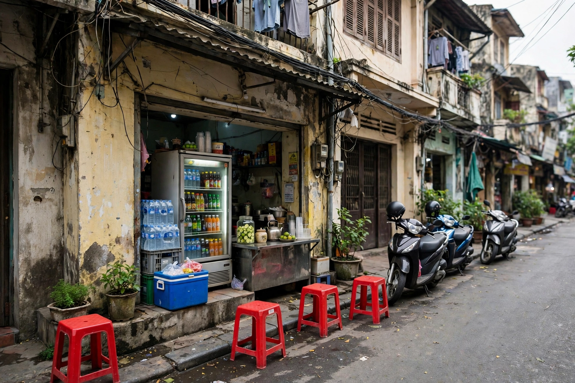 Ảnh minh họa: căn nhà mặt tiền nhỏ trên phố Việt Nam, tầng trệt mở cửa hàng bán nước với ghế nhựa đỏ và xe máy đậu trước cửa
