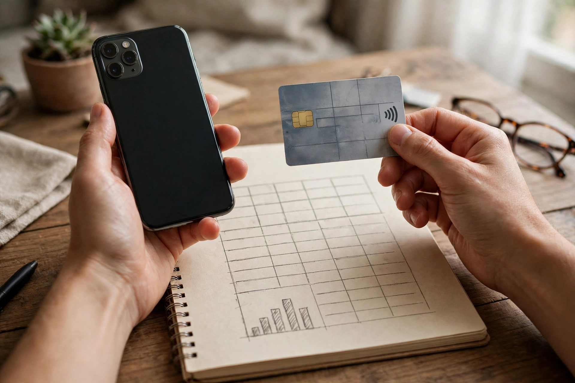 Người dùng kiểm tra sổ tiết kiệm online trên điện thoại và sổ ghi chép kế hoạch tài chính